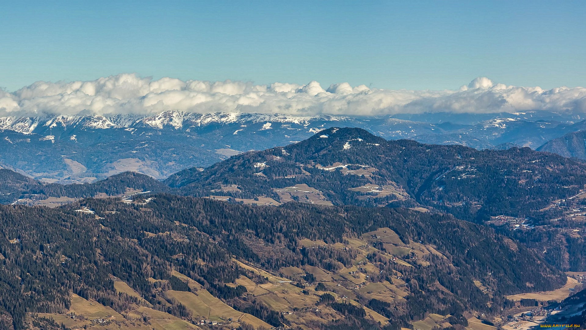 природа, горы, облака, пейзаж, деревья, небо