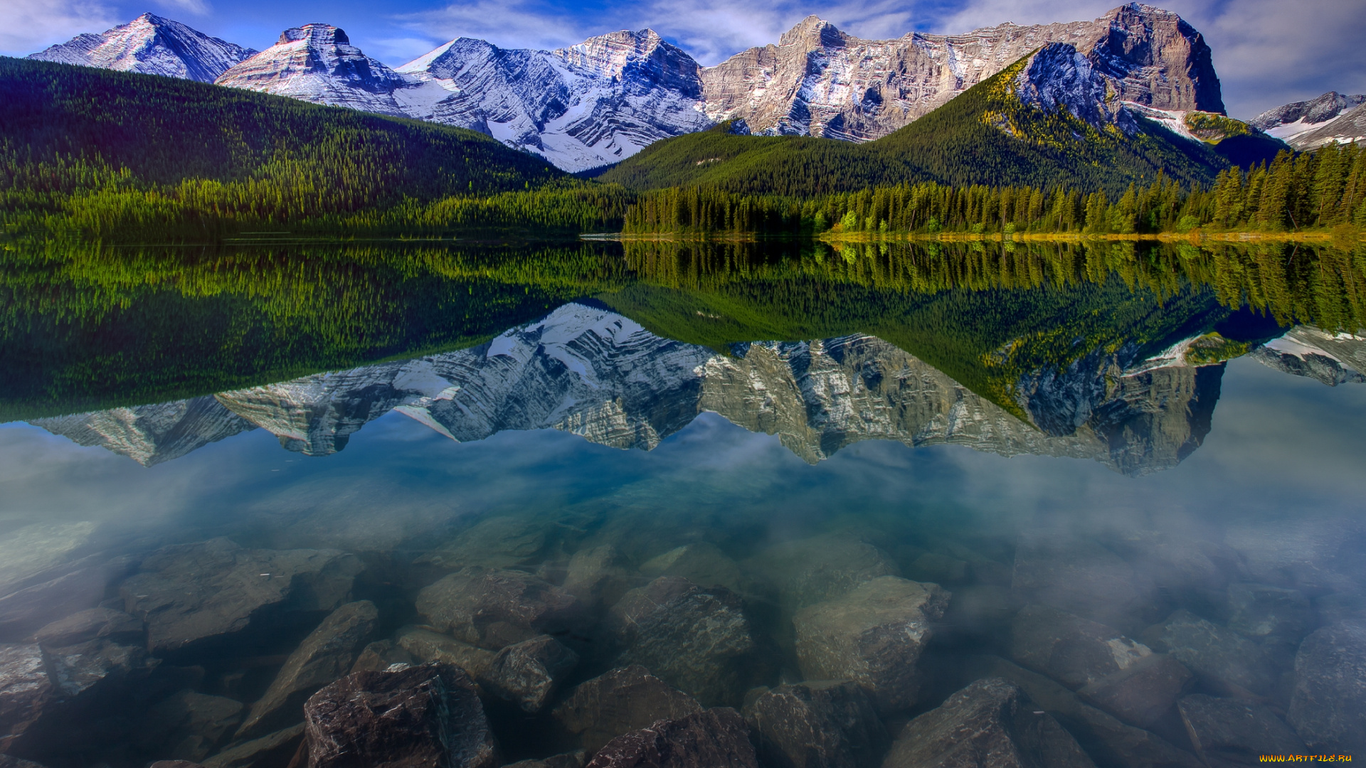 природа, реки, озера, камни, alberta, деревья, небо, отражение, лес, горы, снег, канада, canada, облака