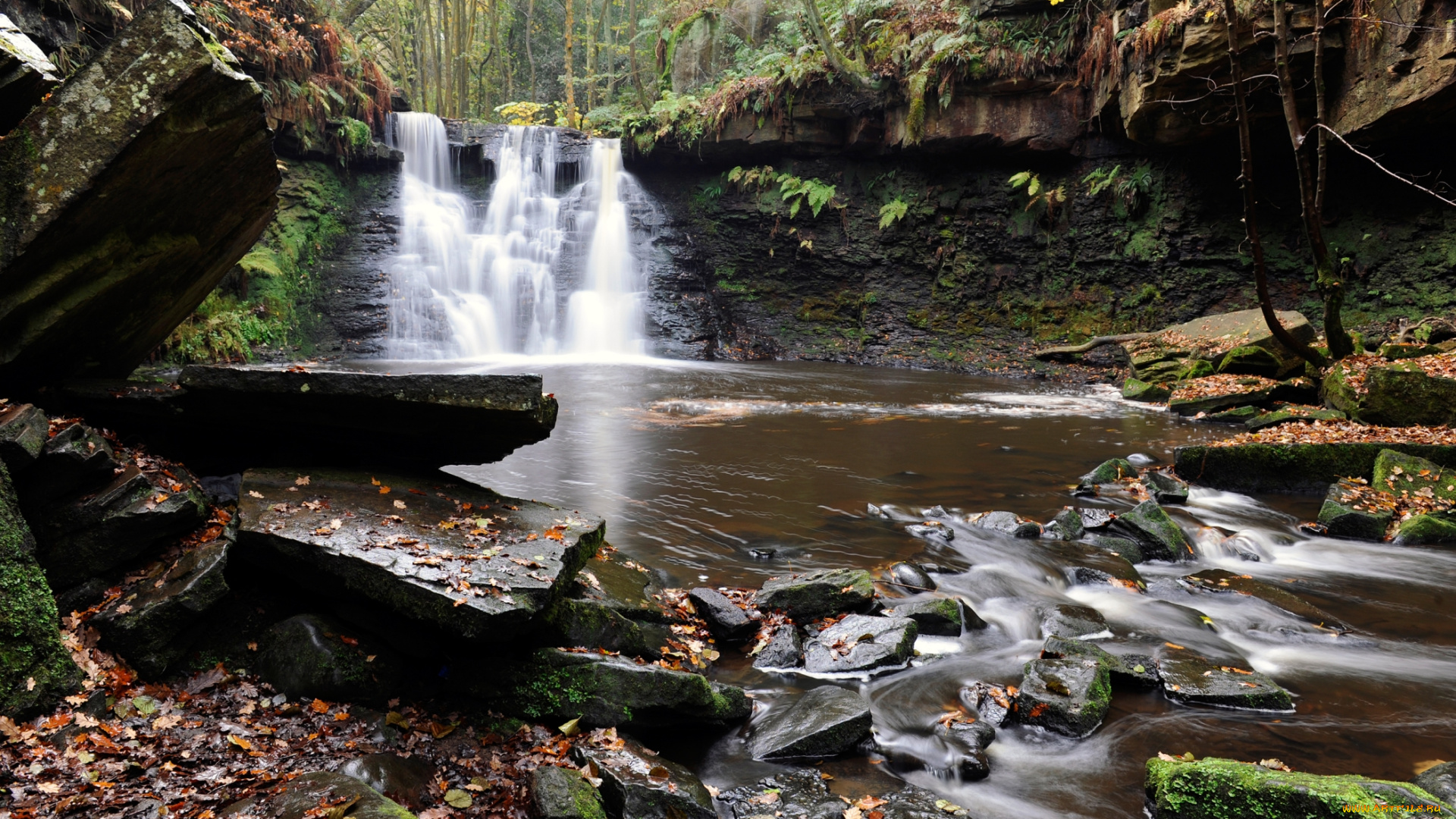 природа, водопады, осень, листья, водопад, камни, река, деревья, лес, поток, ручей