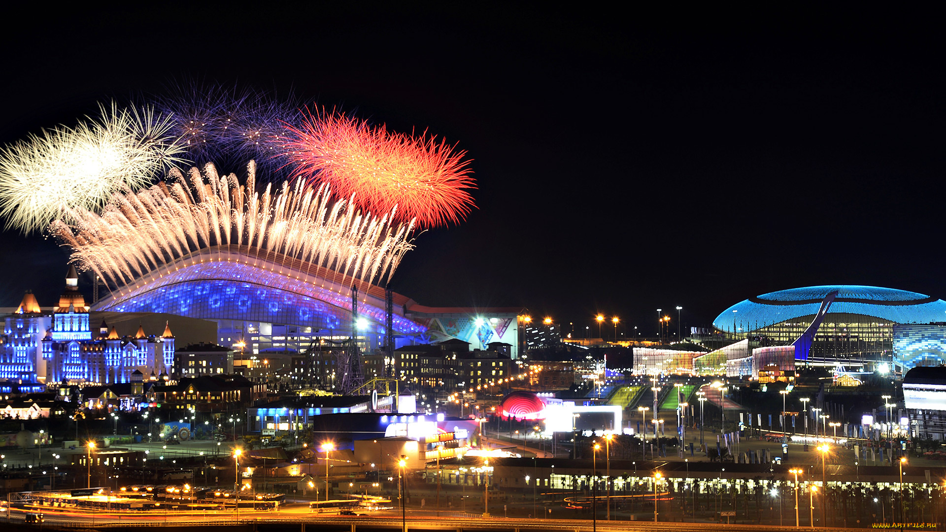 спорт, стадионы, фейерверк, салют, огни, иллюминация, город, открытие, сочи, олимпиада, праздник