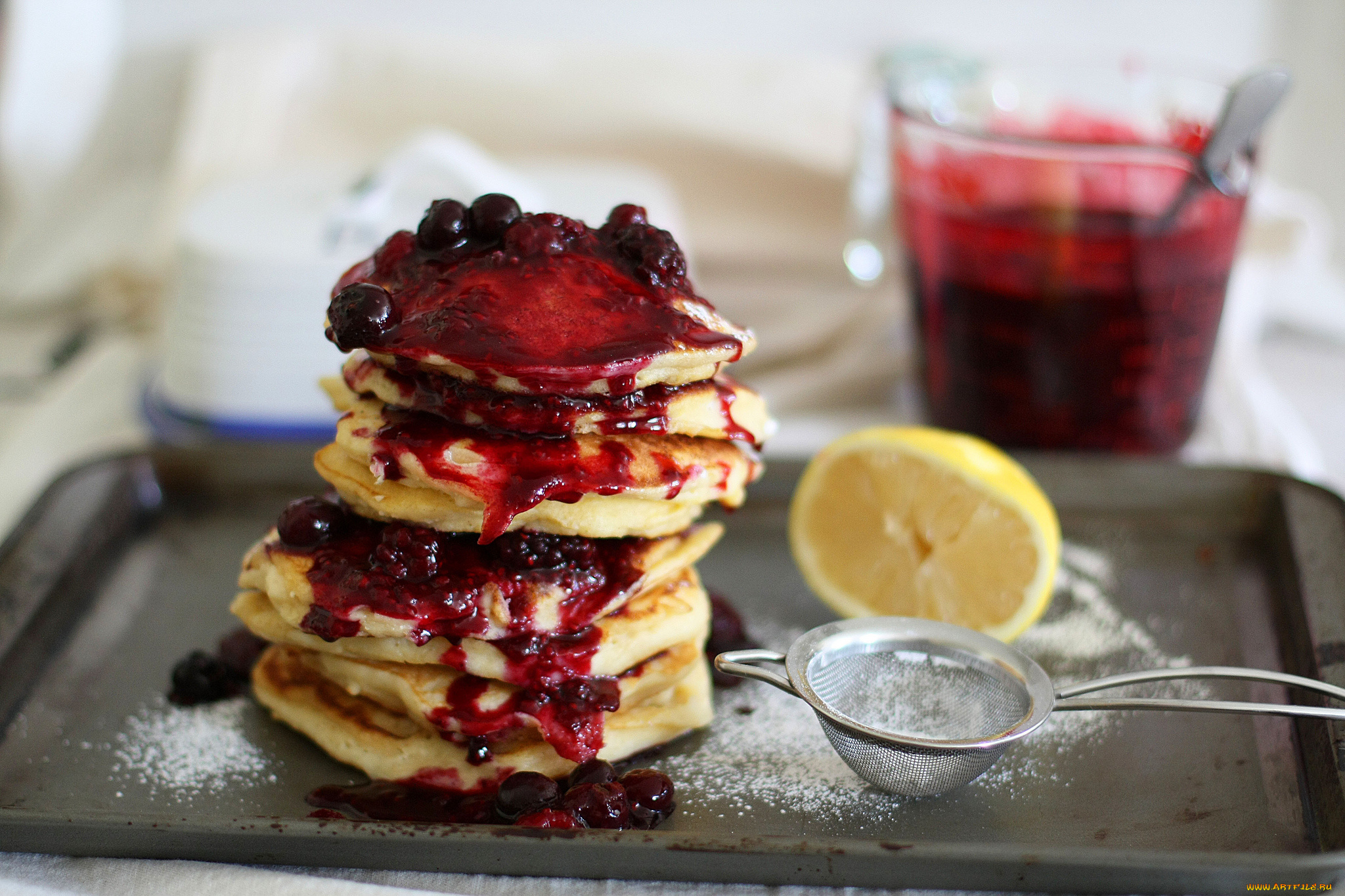 еда, блины, , оладьи, сито, лимон, оладьи, джем