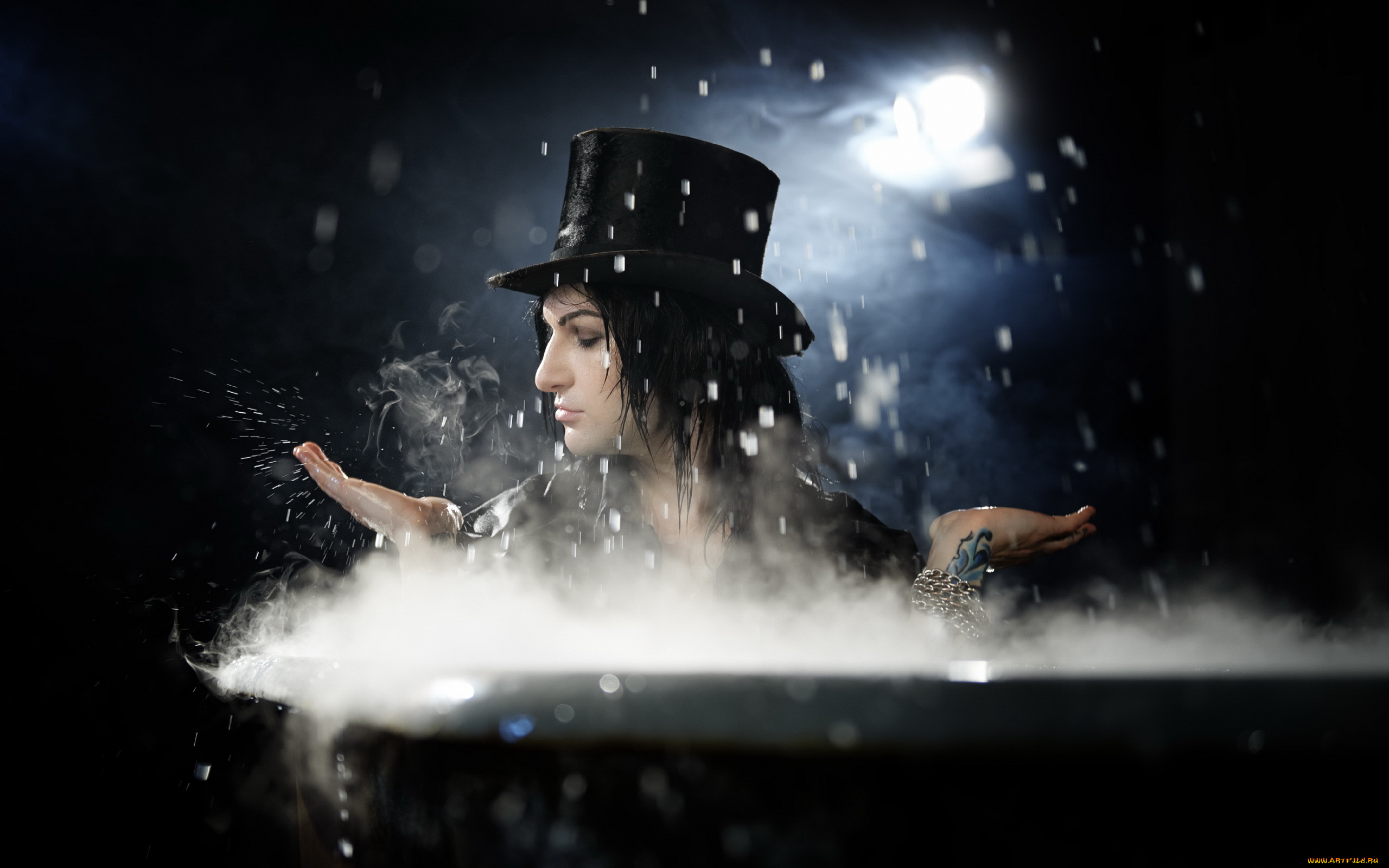 мужчины, -, unsort, капли, пар, шляпа, ванна, руки, свет, парень