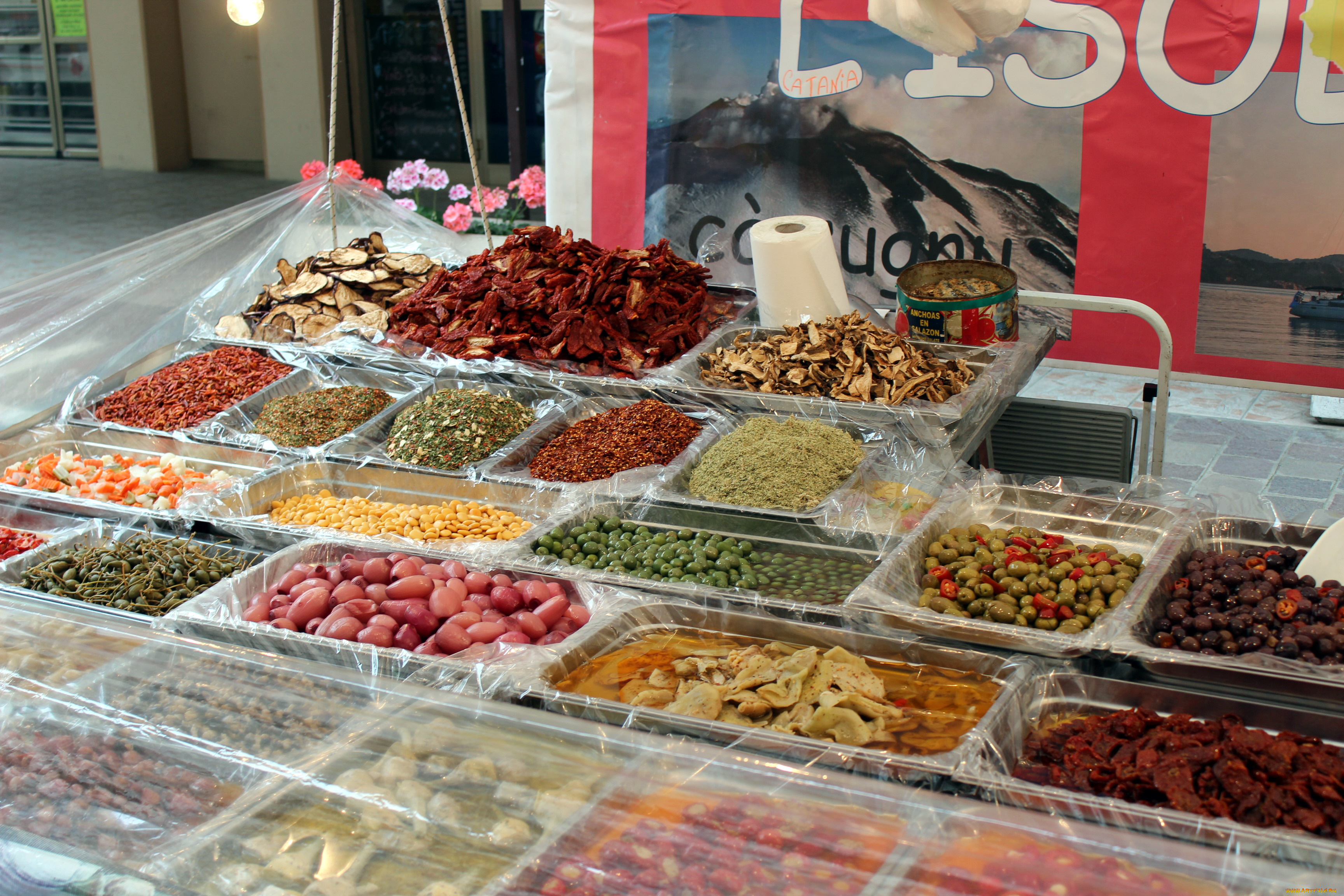 еда, разное, фасоль, прилавок, оливки