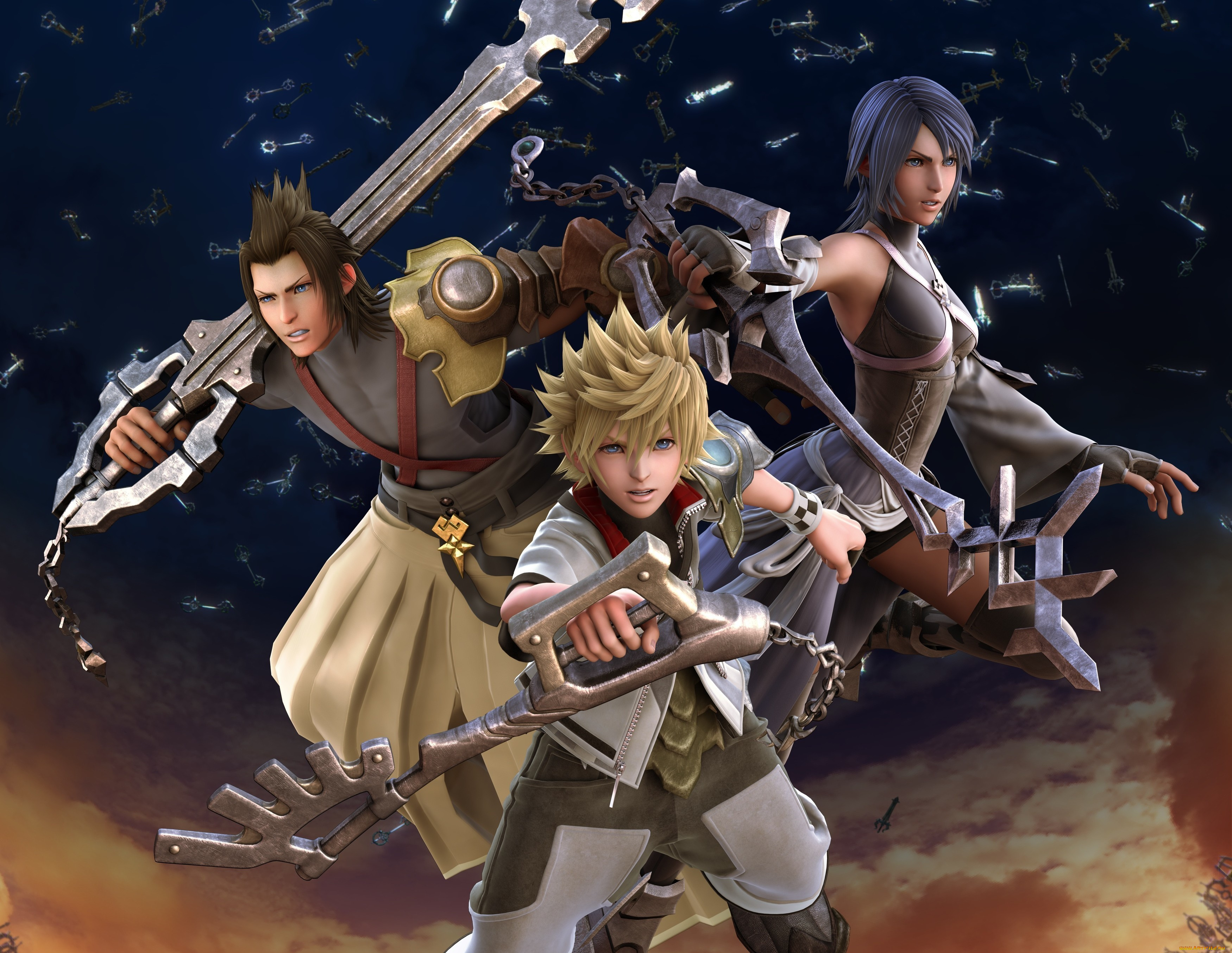 3д, графика, anime, , аниме, парни, ventus, terra, aqua, ключи, оружие, девушка