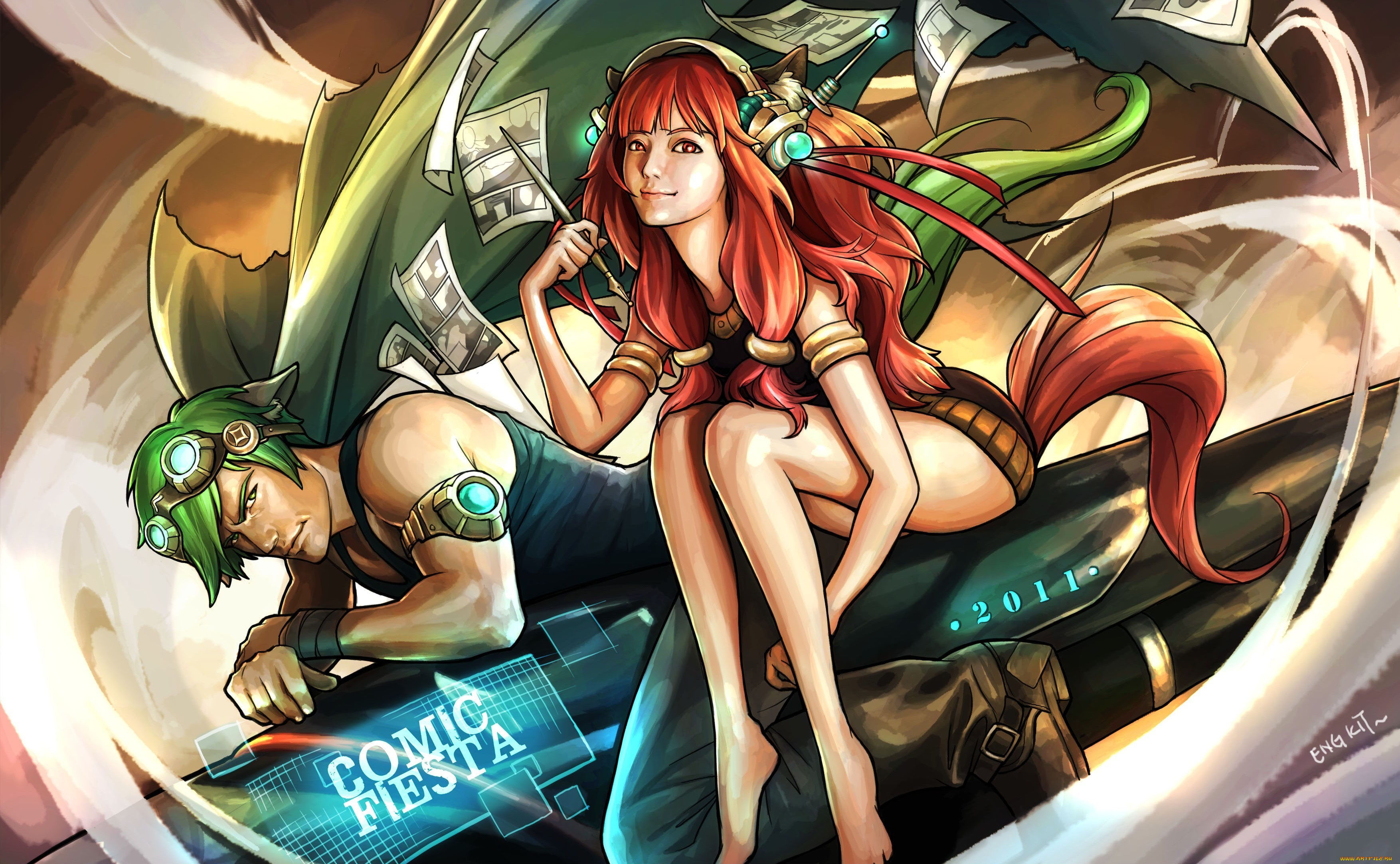 фэнтези, люди, девушка, парень, листы, очки, наушники