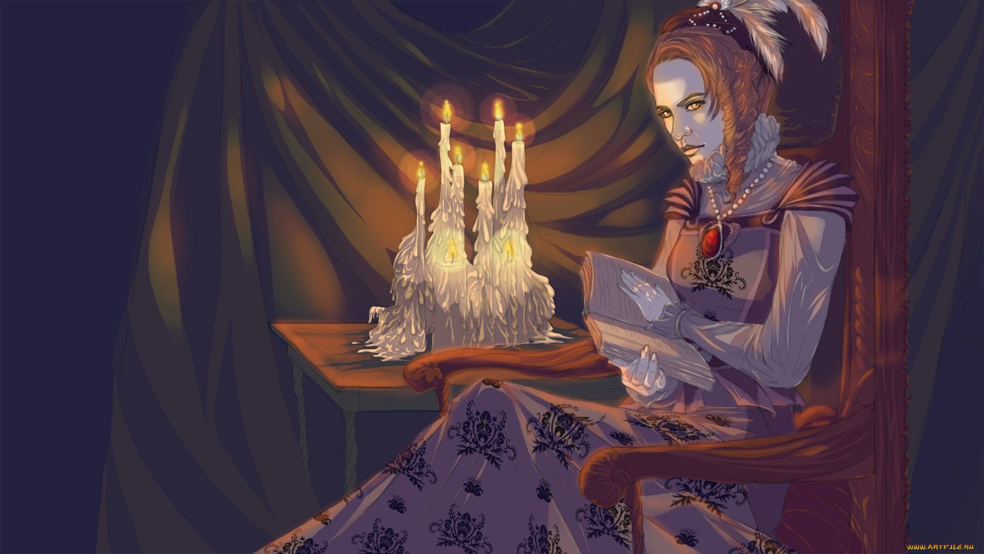 фэнтези, девушки, стул, стол, свечи, открытая, книга, перья, взгляд, прическа, арт, платье, женщина