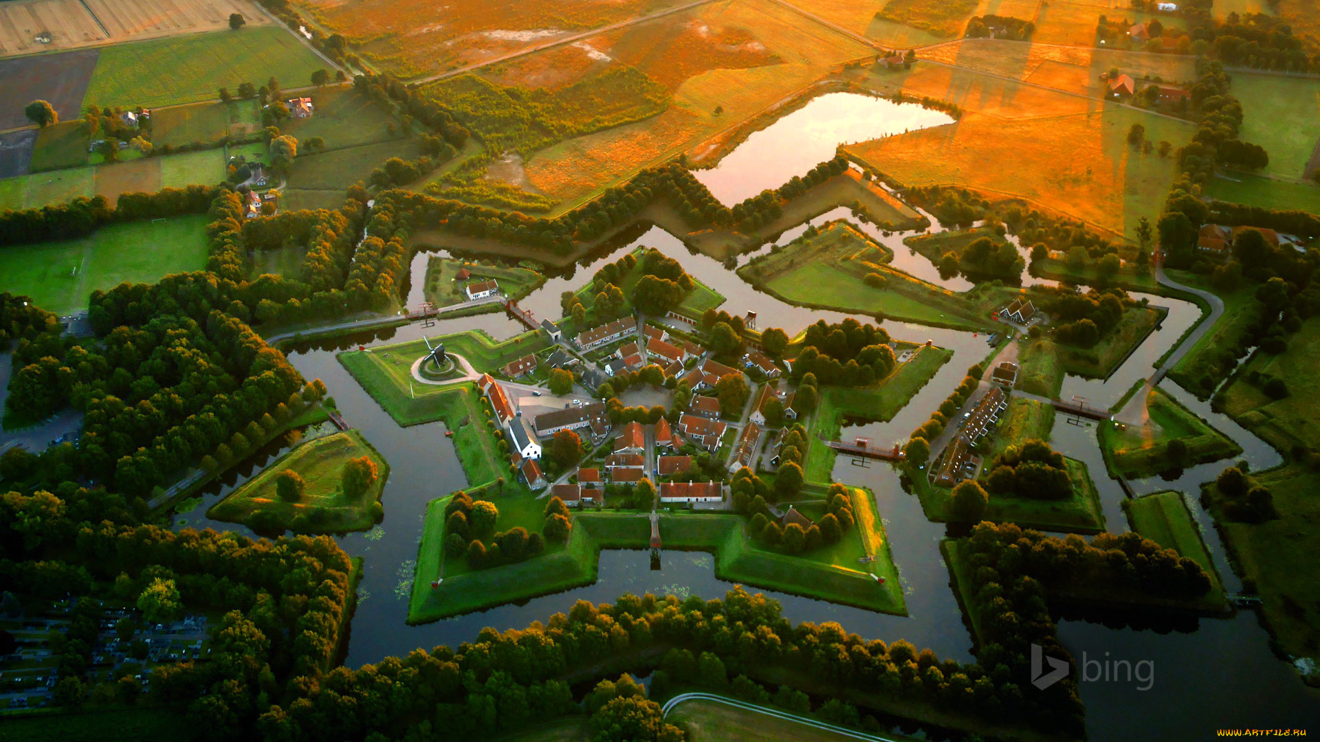 города, -, панорамы, укрепление, вода, ров, звезда, музей, форт, нидерланды, bourtange, дома