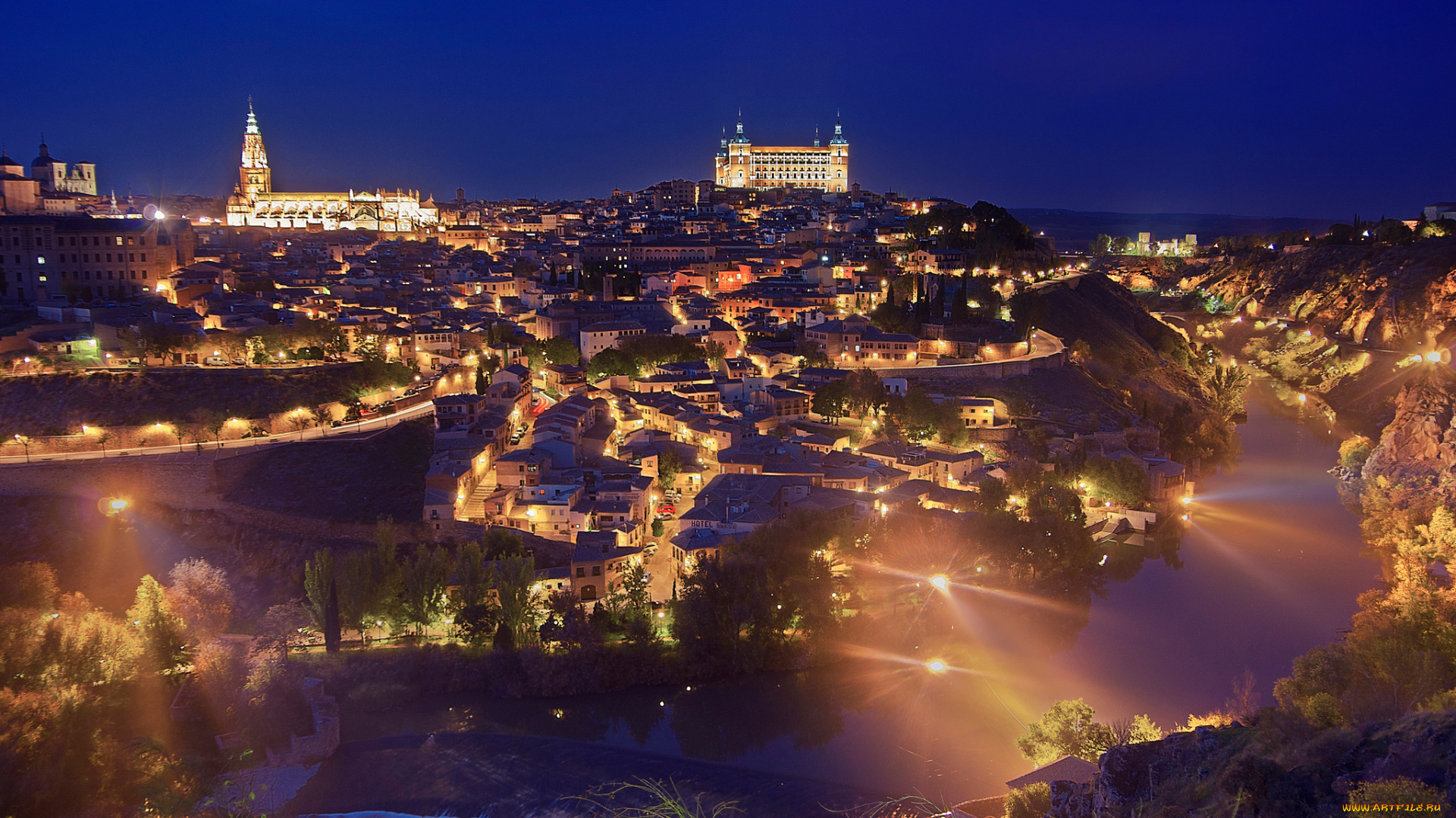города, толедо, , испания, ночь, огни, река, толедо, башня, замок, дома