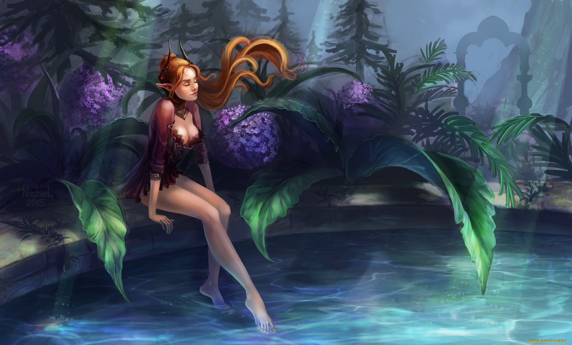 фэнтези, существа, ножки, сидит, арт, фантастика, эльфийка, эротика, вода