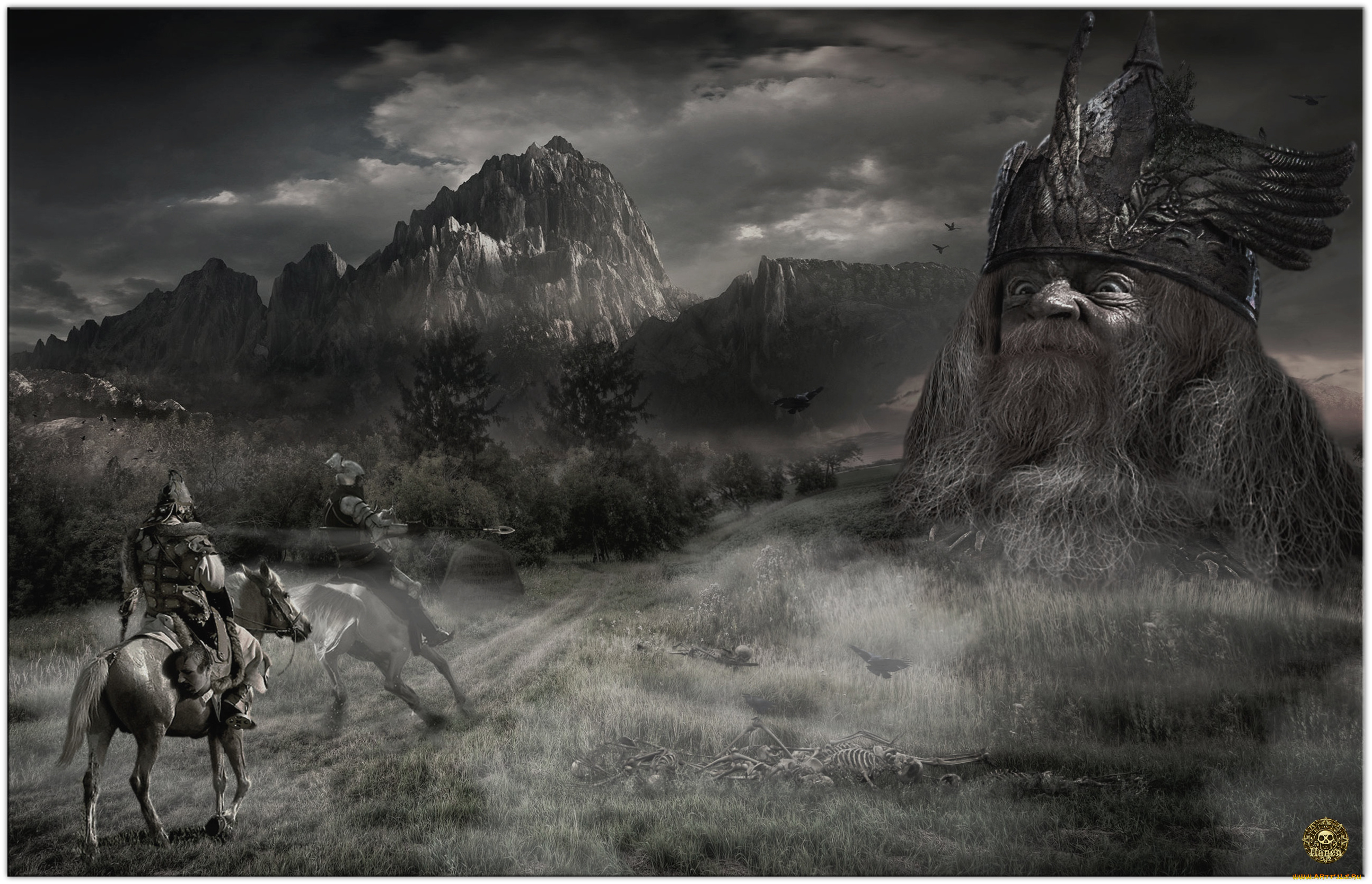 фэнтези, фотоарт, горы, голова, всадники