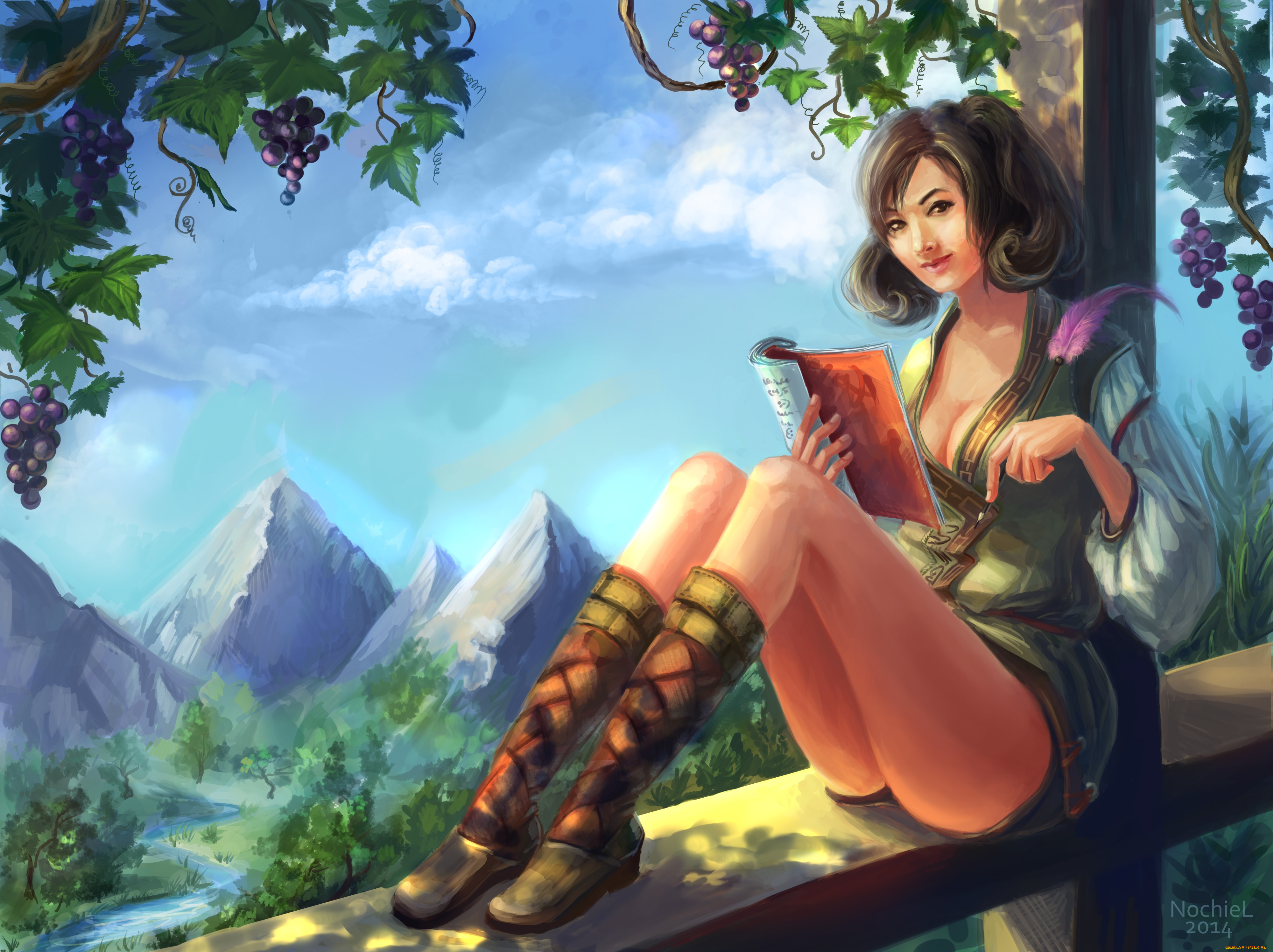 фэнтези, девушки, карандаш, тетрадь, ножки, природа, перо, сидит, взгляд, арт, девушка