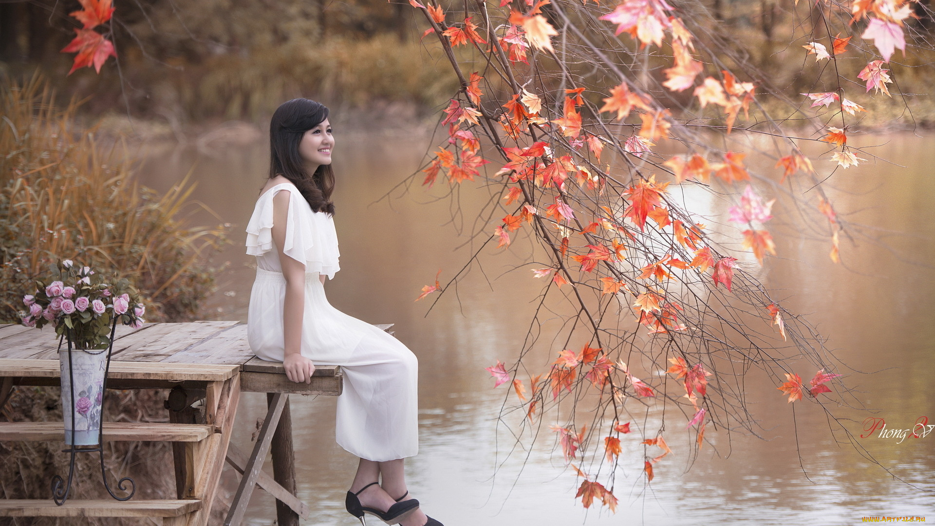 девушки, -unsort, , азиатки, улыбка, озеро, азиатка, фон, взгляд, девушка