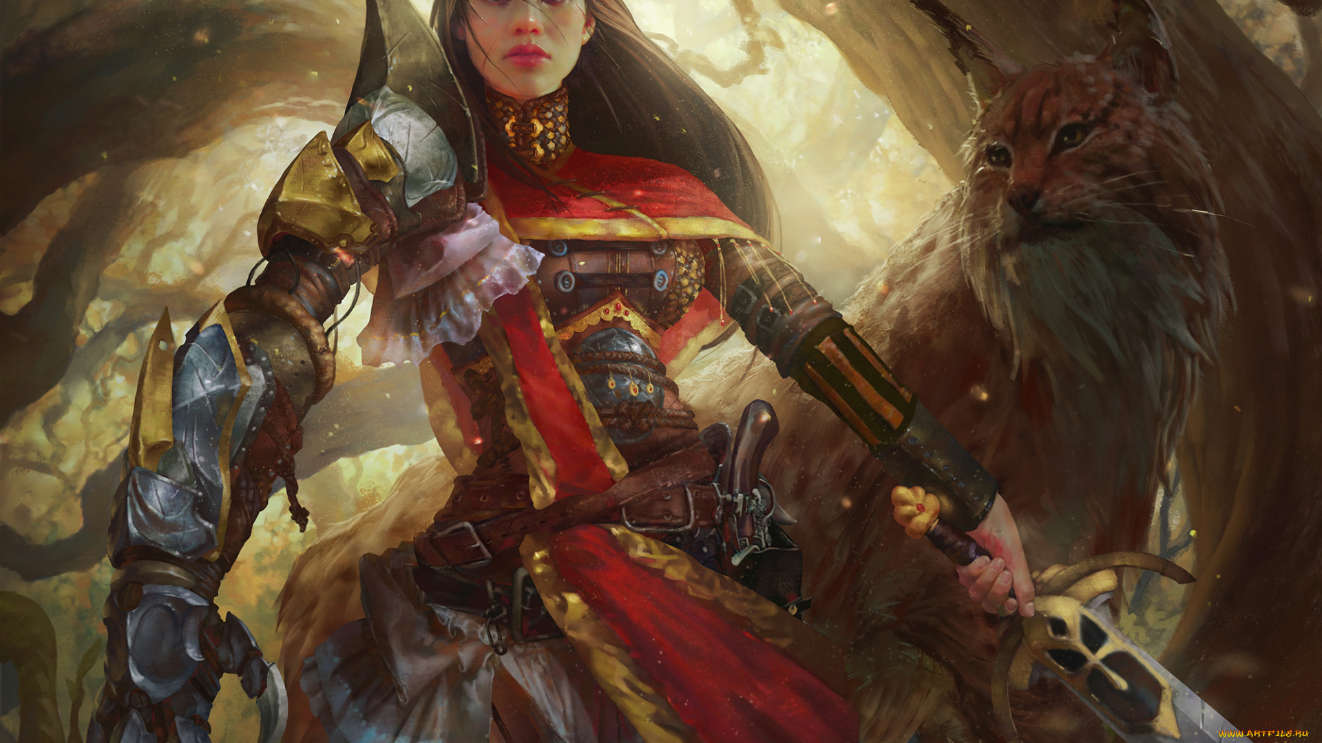 фэнтези, красавицы, и, чудовища, фантастика, арт, девушка, доспехи, меч, хищник, кошка, рысь