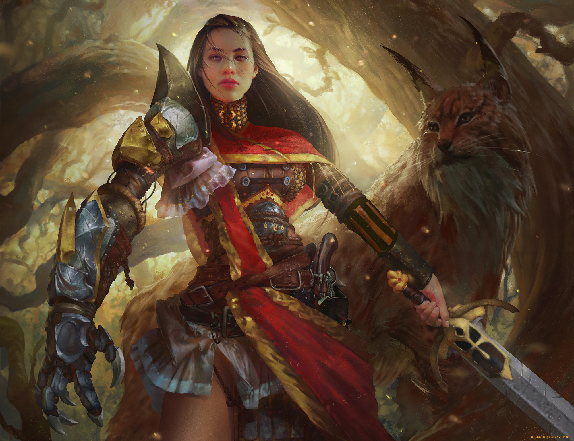 фэнтези, красавицы, и, чудовища, фантастика, арт, девушка, доспехи, меч, хищник, кошка, рысь