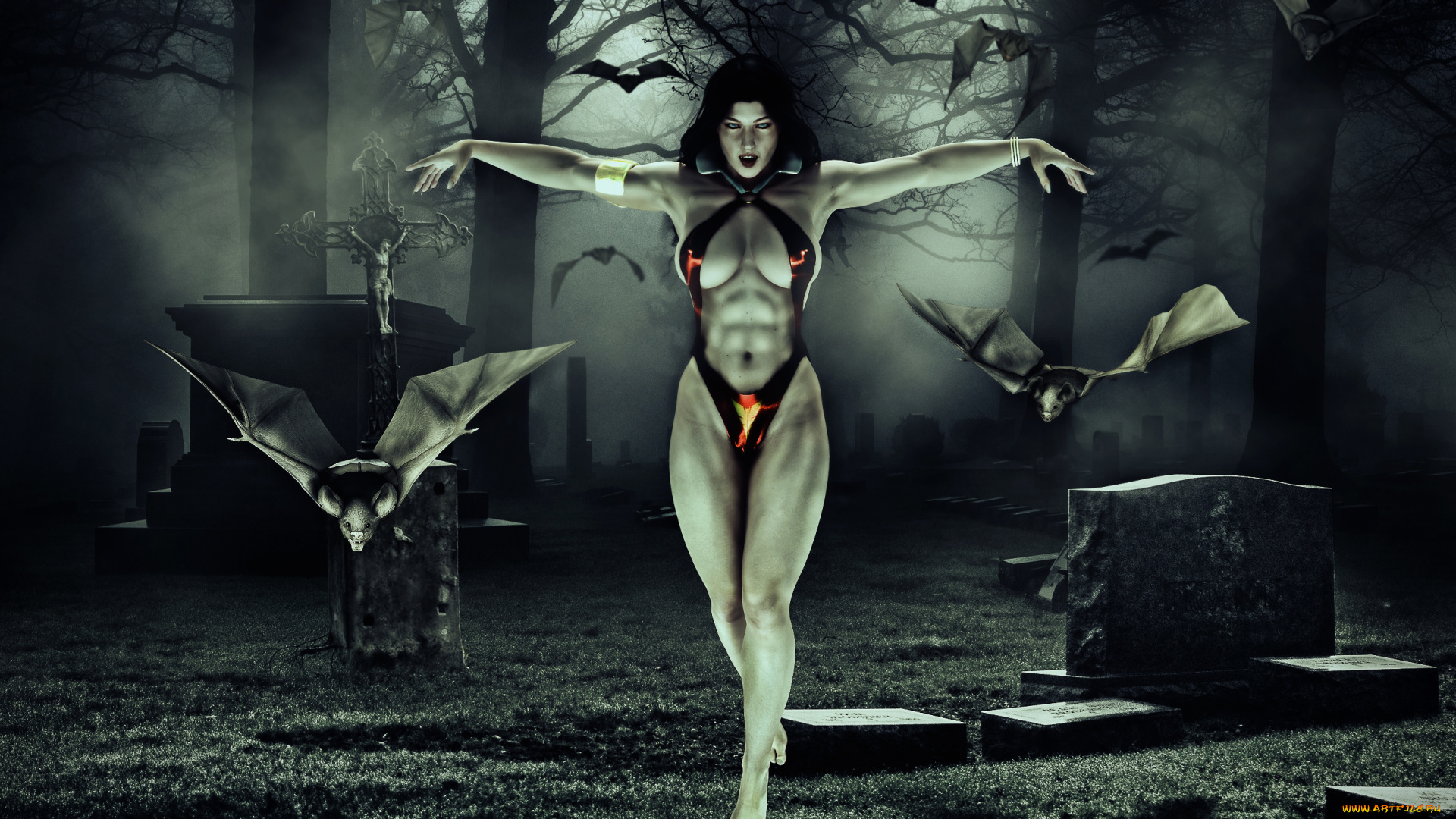 3д, графика, фантазия, , fantasy, девушка, фон, взгляд, мышь, кладбище, купальник