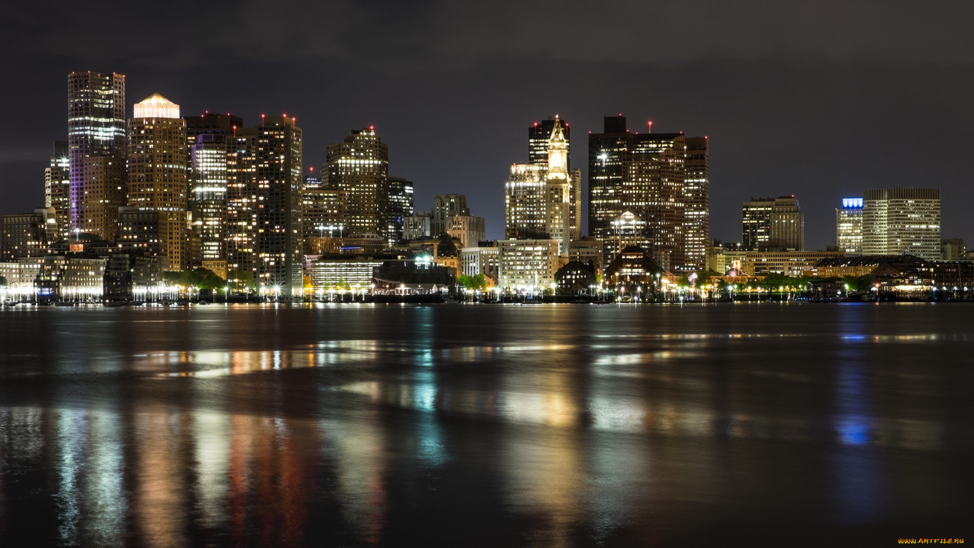 города, бостон, , сша, бостон, ночью, ночные, огни, река, город