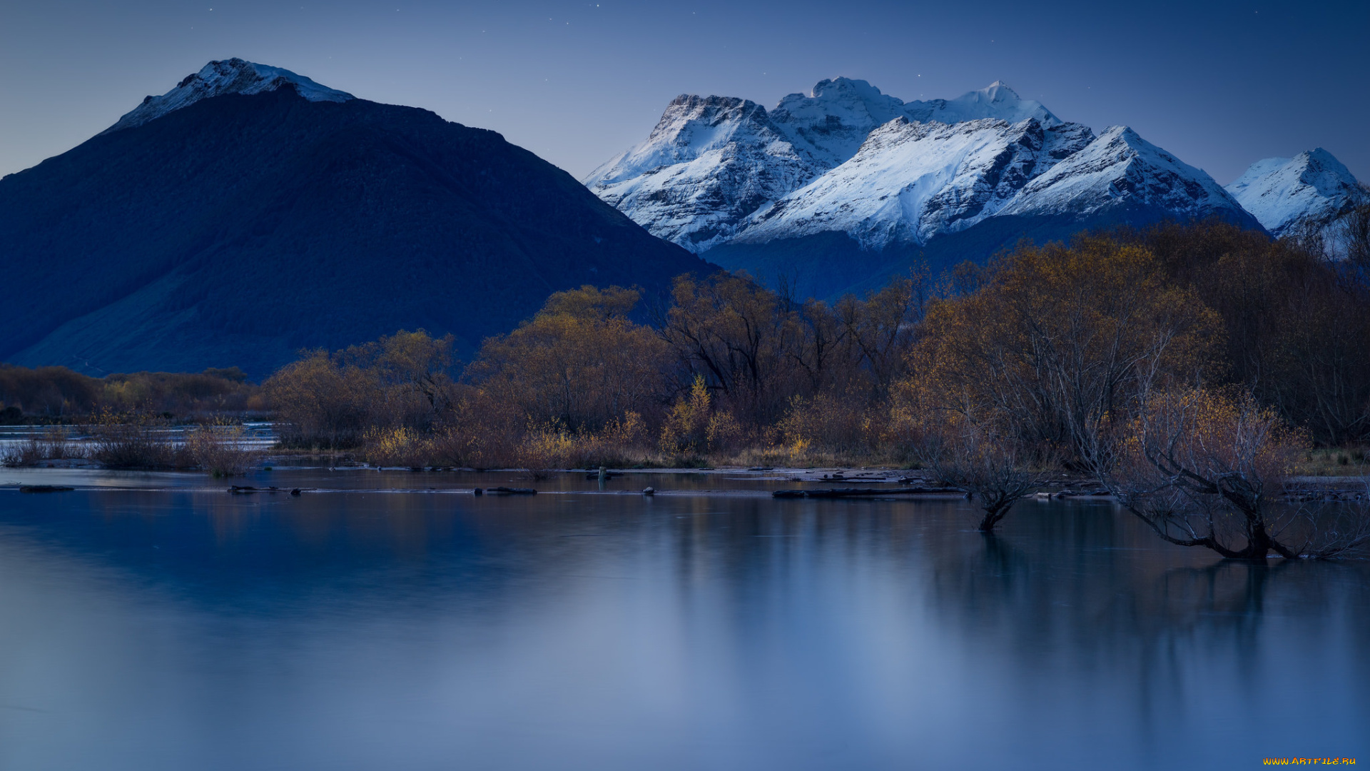 природа, горы, отражение, деревья, озеро, ночь, небо, синий, звезды