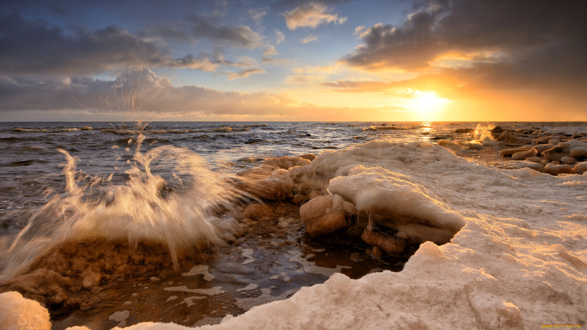 природа, побережье, прибой, море, рассвет, зима, лёд, алексей, мельситов