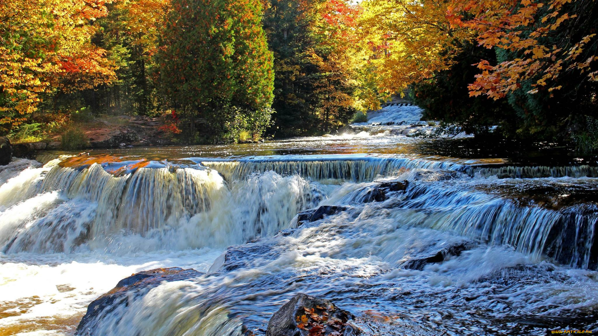 природа, водопады, осень, река, деревья, лес, водопад