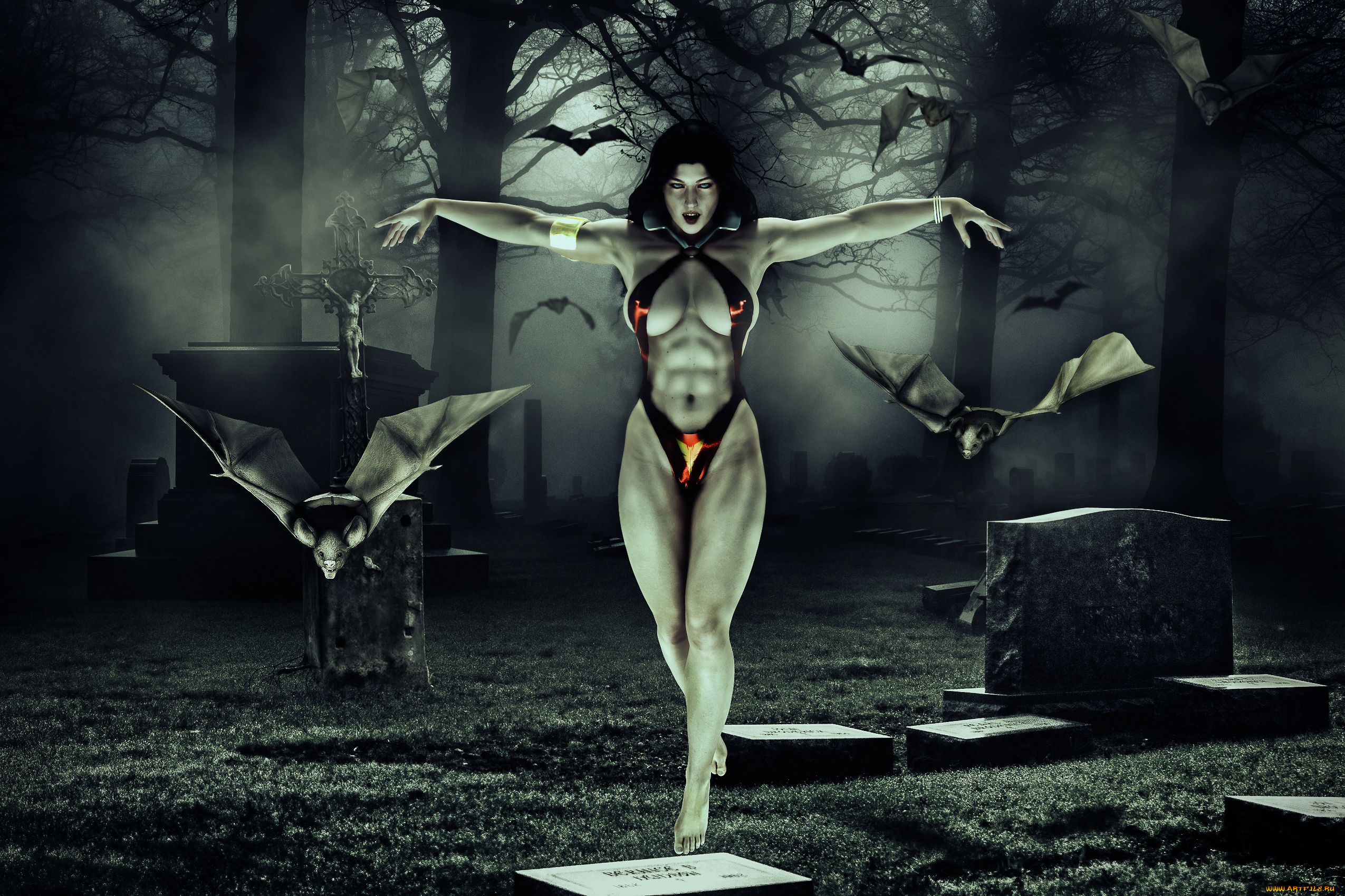 3д, графика, фантазия, , fantasy, девушка, фон, взгляд, мышь, кладбище, купальник