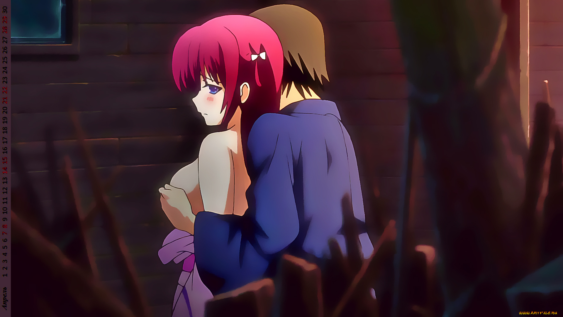 календари, аниме, девушка, парень, ласка