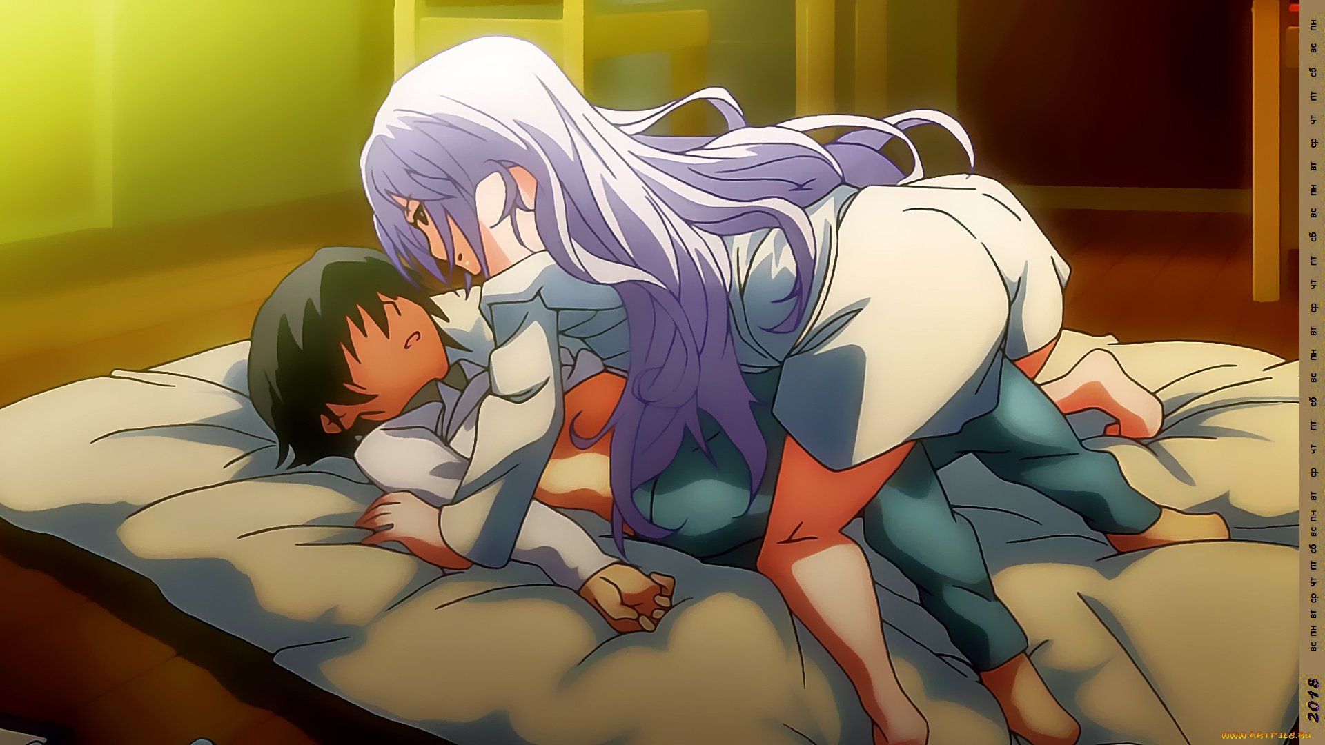 календари, аниме, девушка, парень, ласка