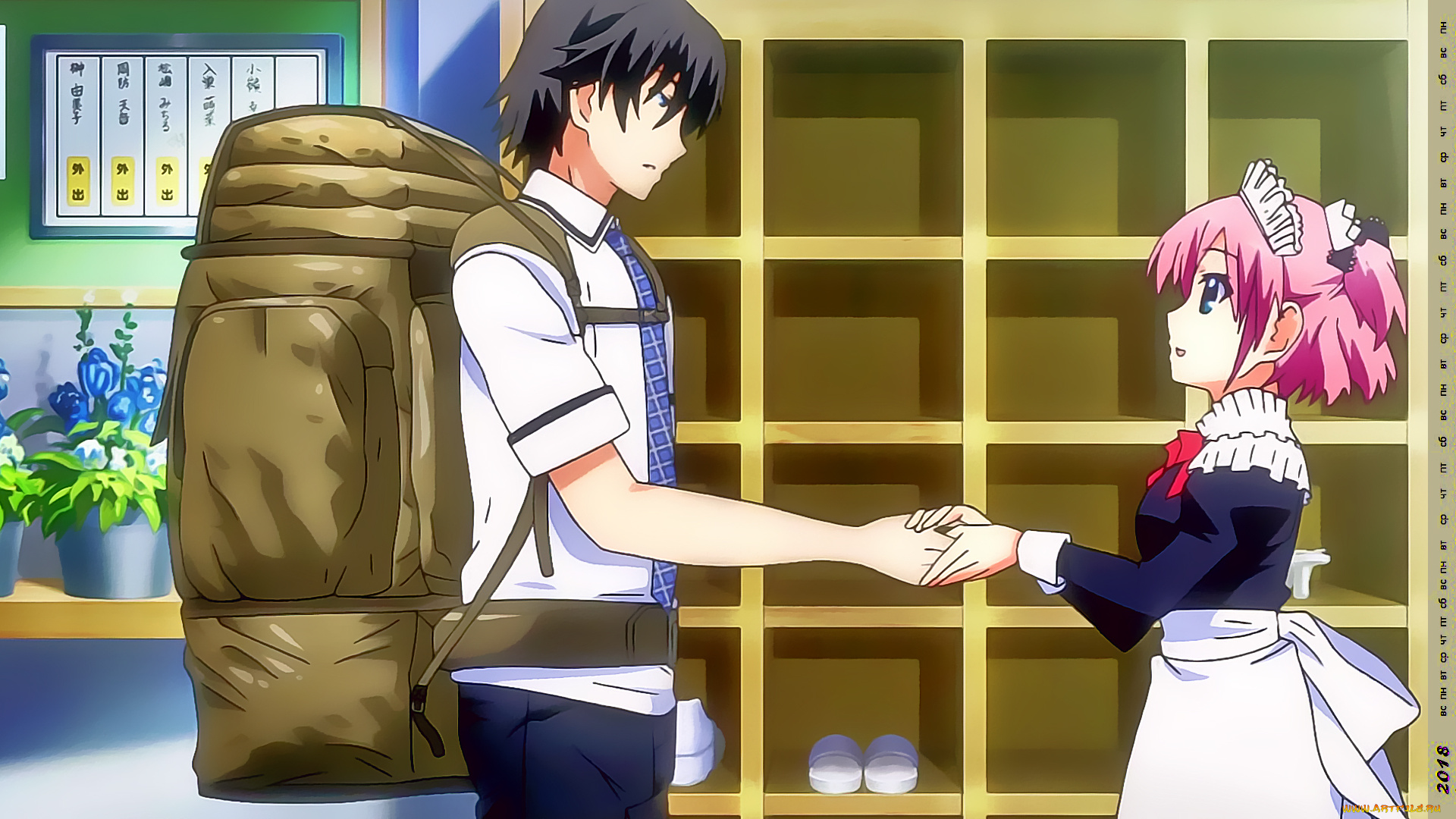 календари, аниме, девушка, парень, рюкзак, разговор