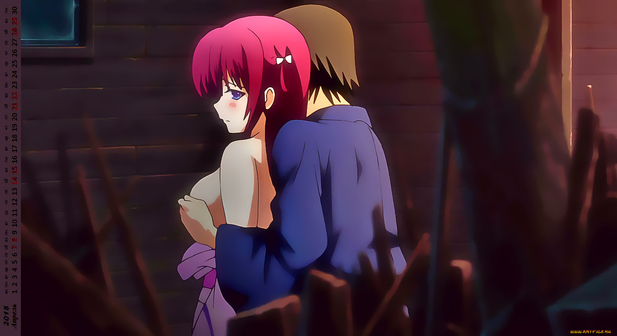 календари, аниме, девушка, парень, ласка