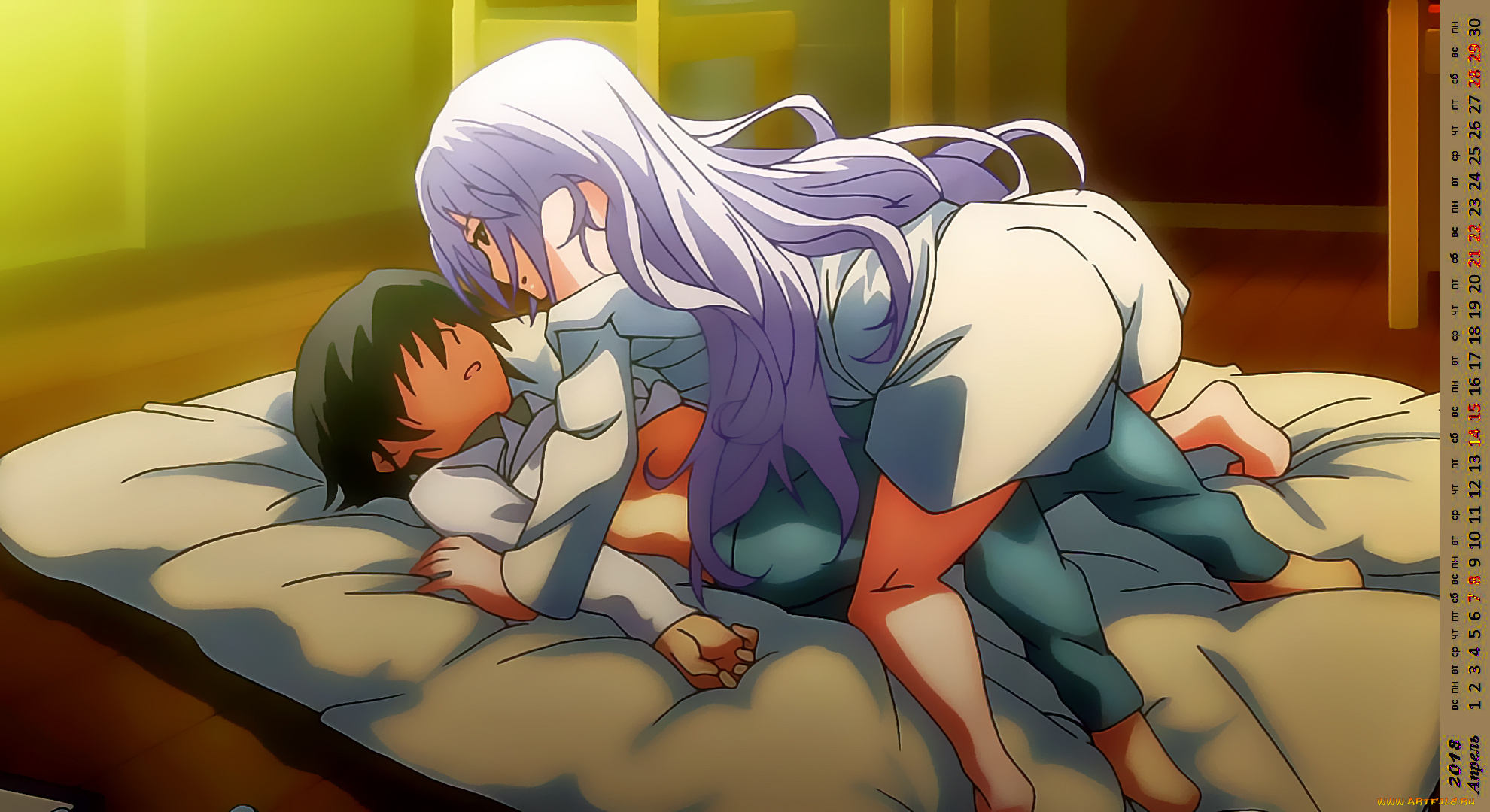 календари, аниме, девушка, парень, ласка