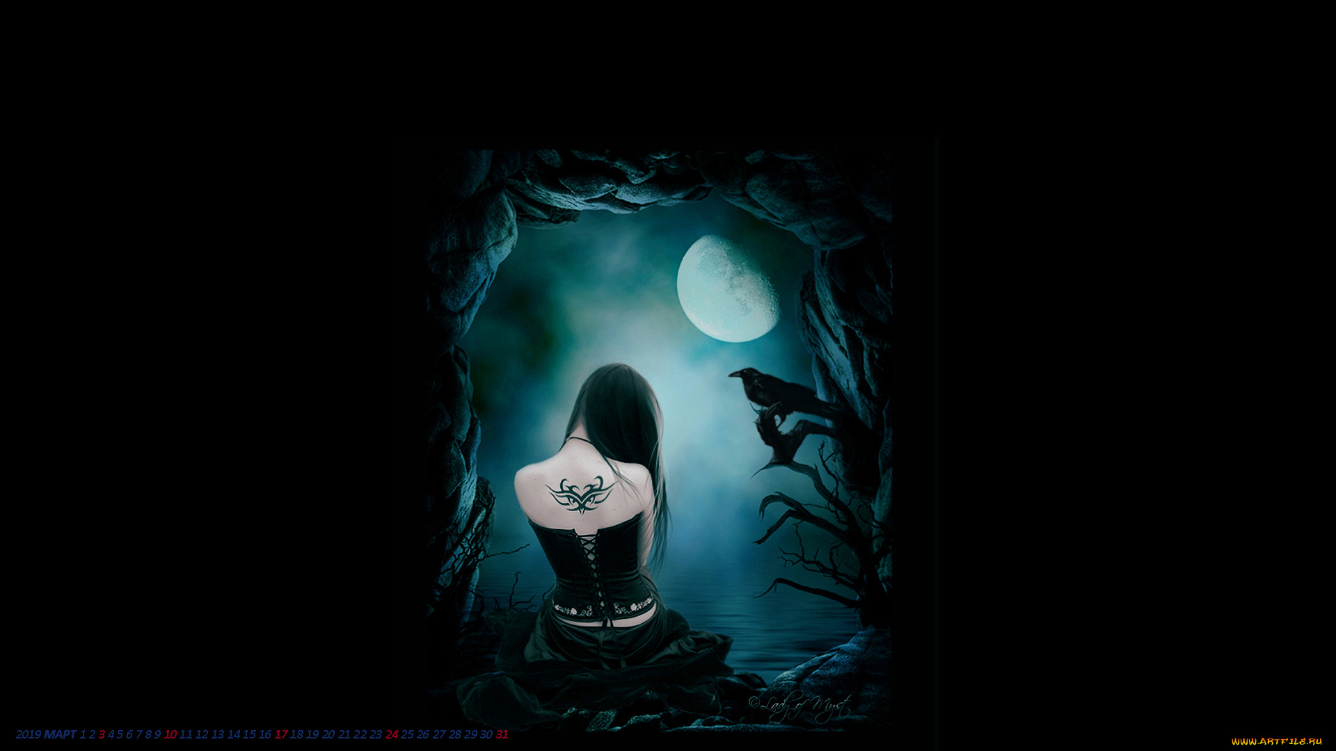 календари, фэнтези, луна, тату, девушка, птица