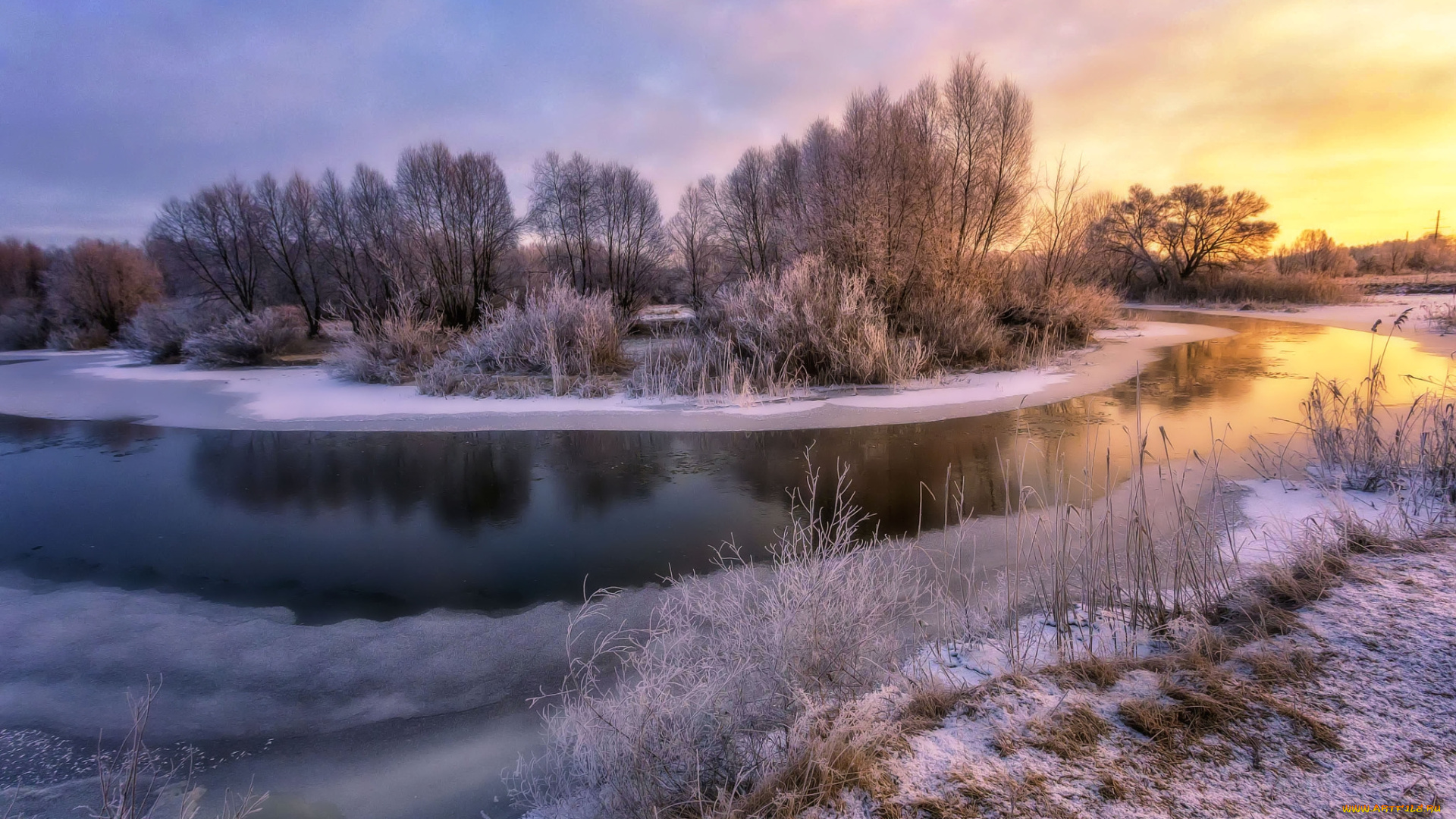 природа, реки, озера, река, закат, зима