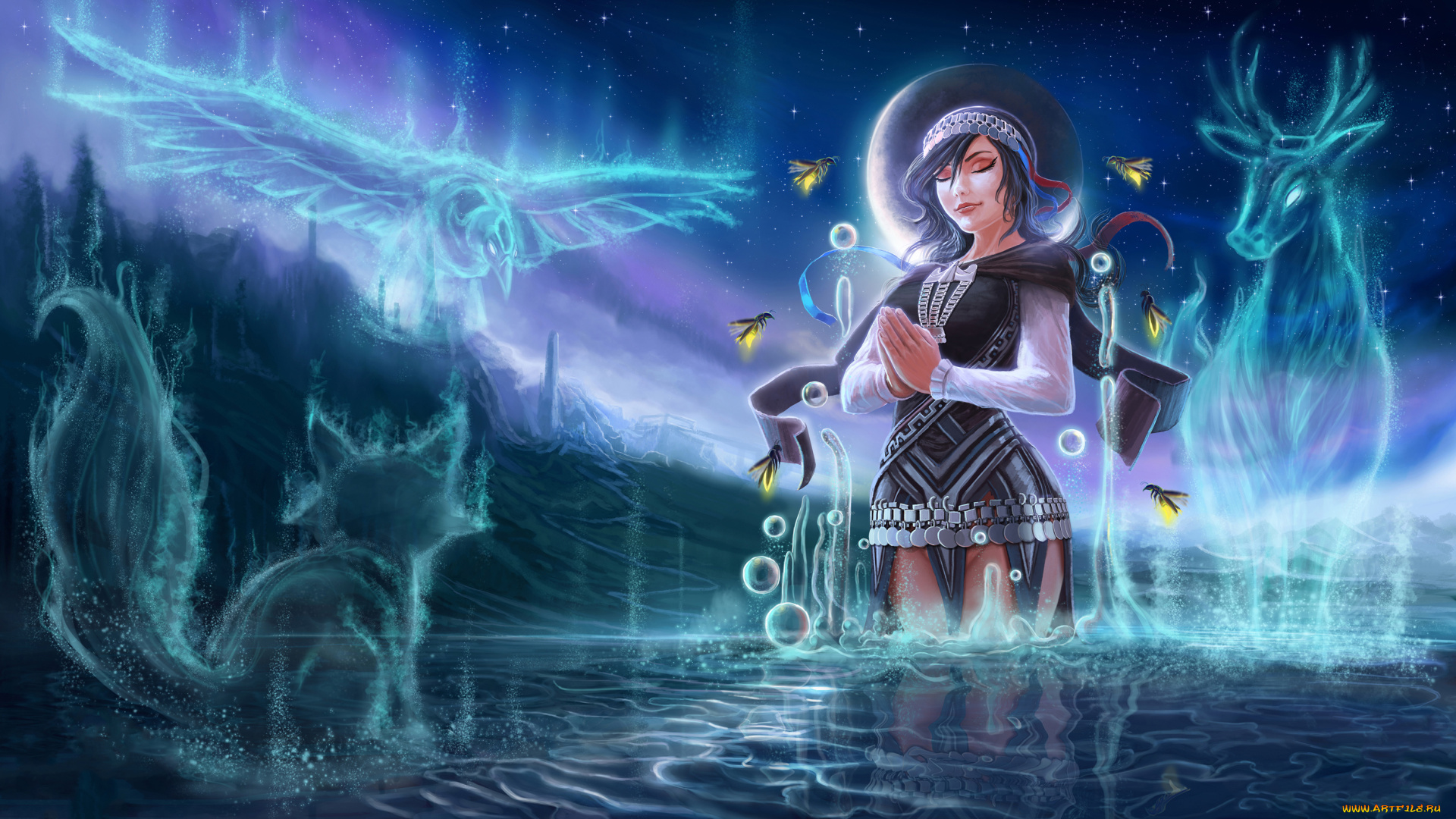 фэнтези, маги, , волшебники, девушка, фон, вода, медитация, звери, птица