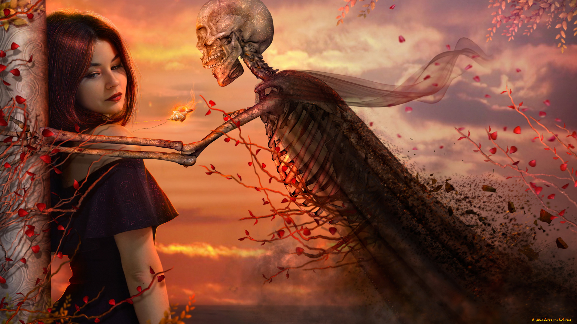 разное, компьютерный, дизайн, девушка, фон, скелет