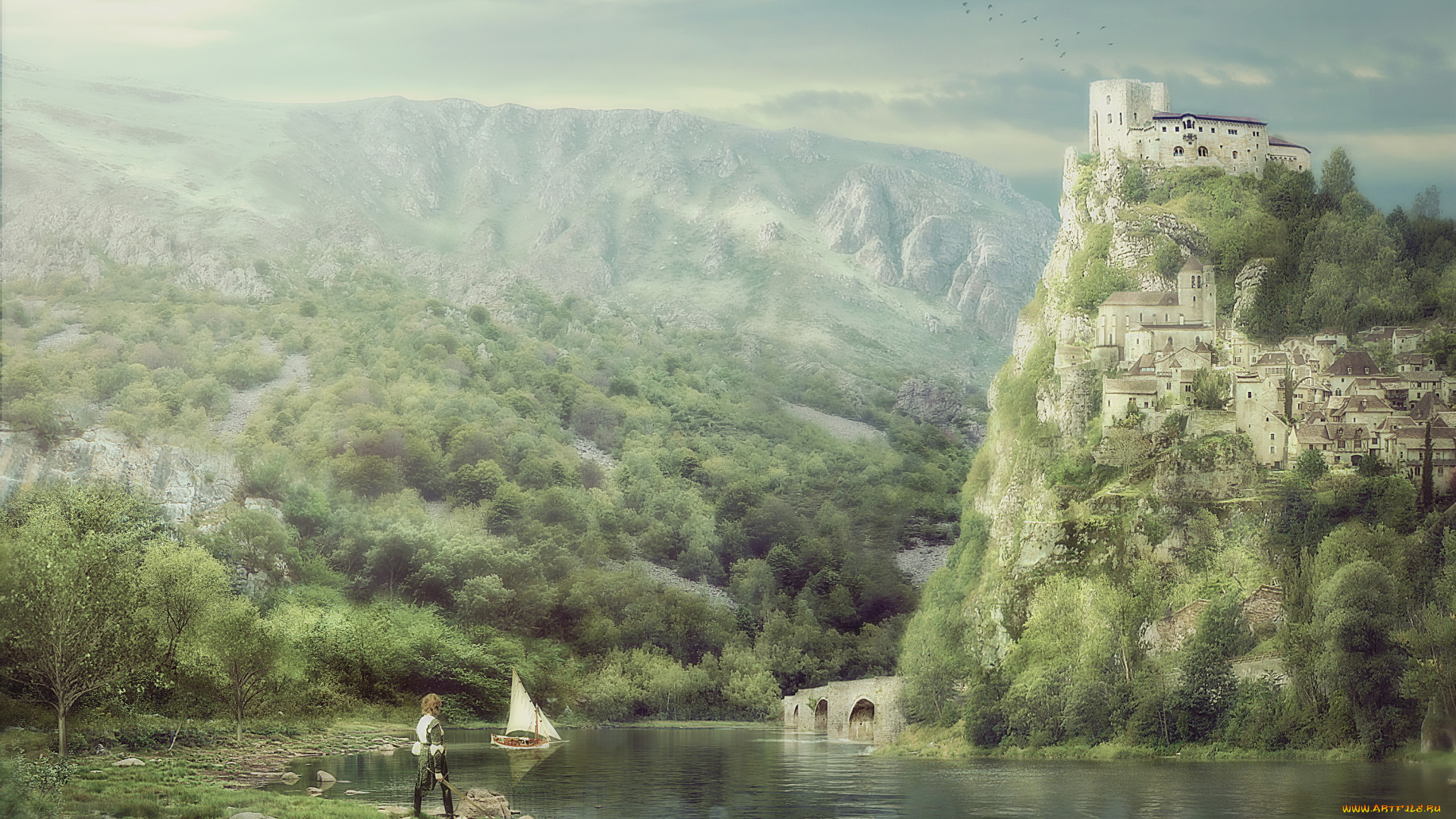 разное, компьютерный, дизайн, скала, фон, город, река, парусник