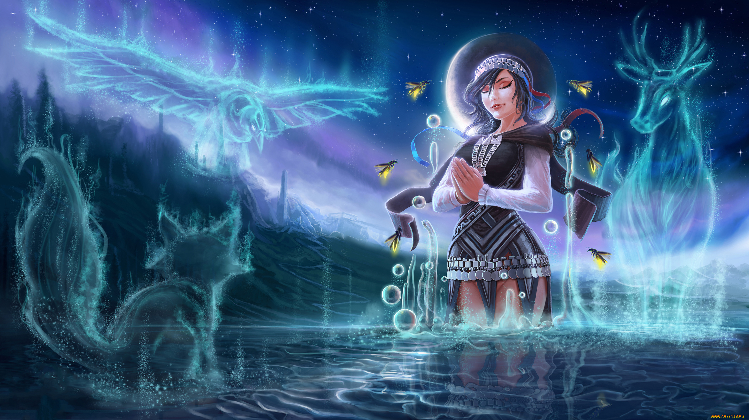 фэнтези, маги, , волшебники, девушка, фон, вода, медитация, звери, птица