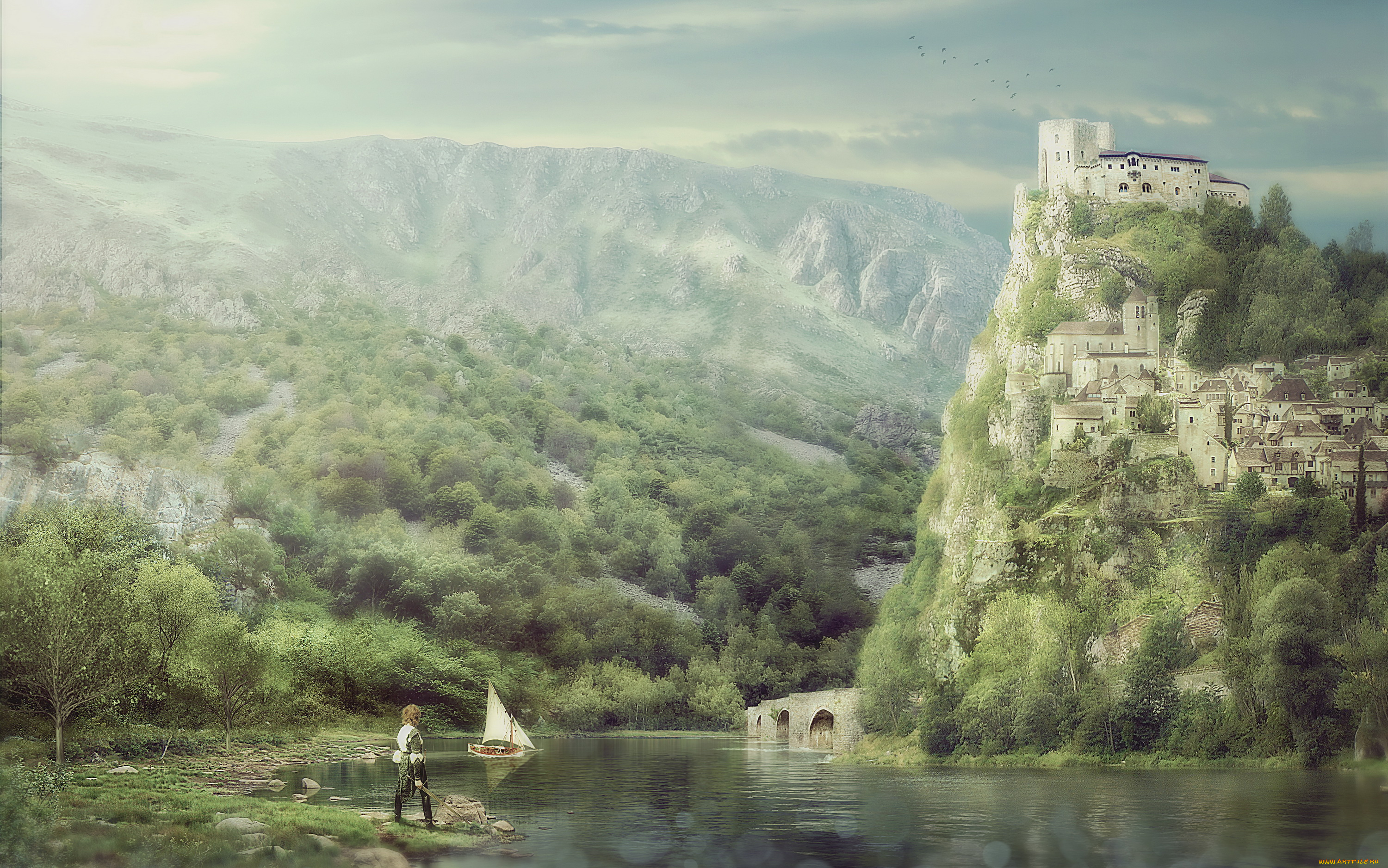 разное, компьютерный, дизайн, скала, фон, город, река, парусник