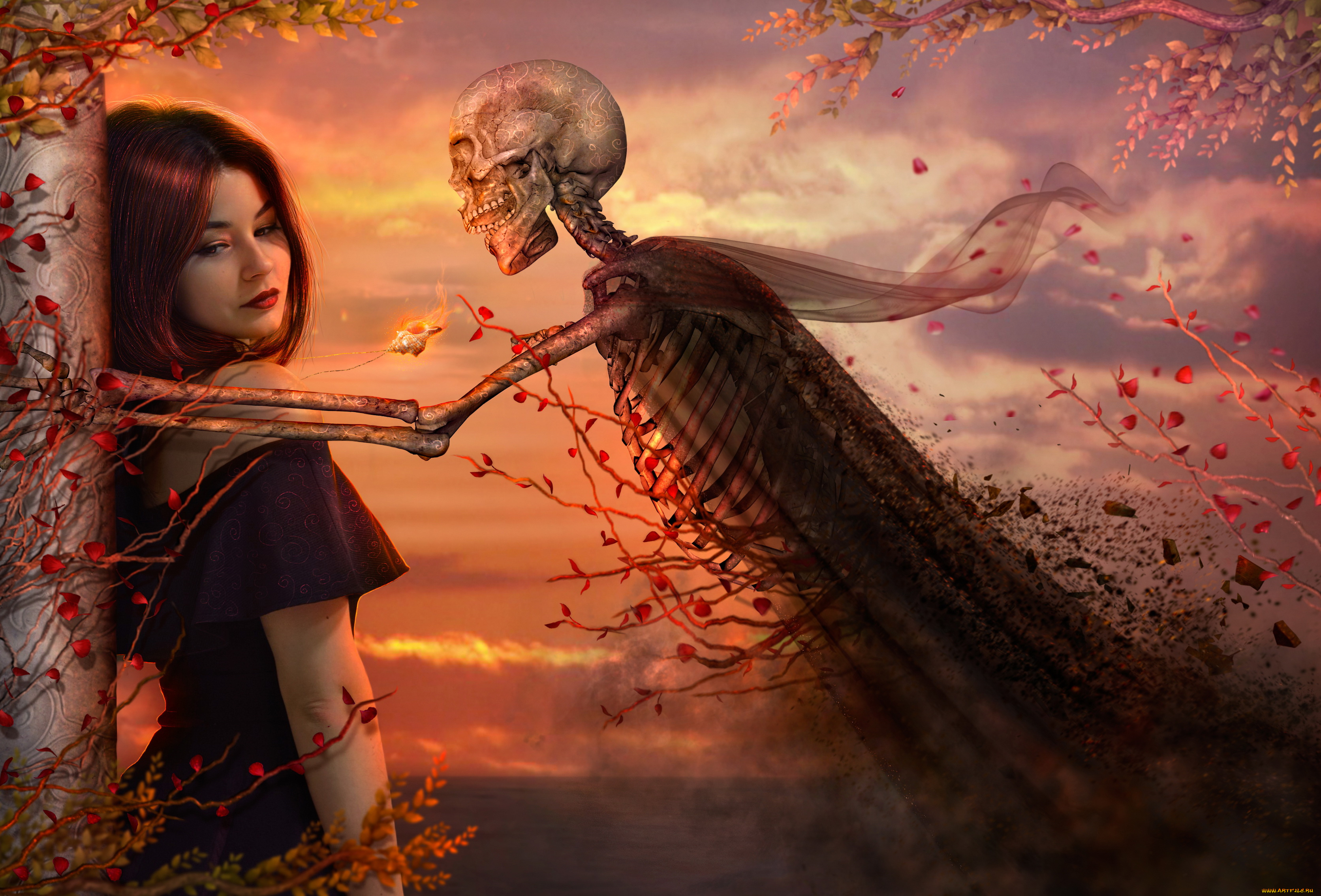 разное, компьютерный, дизайн, девушка, фон, скелет