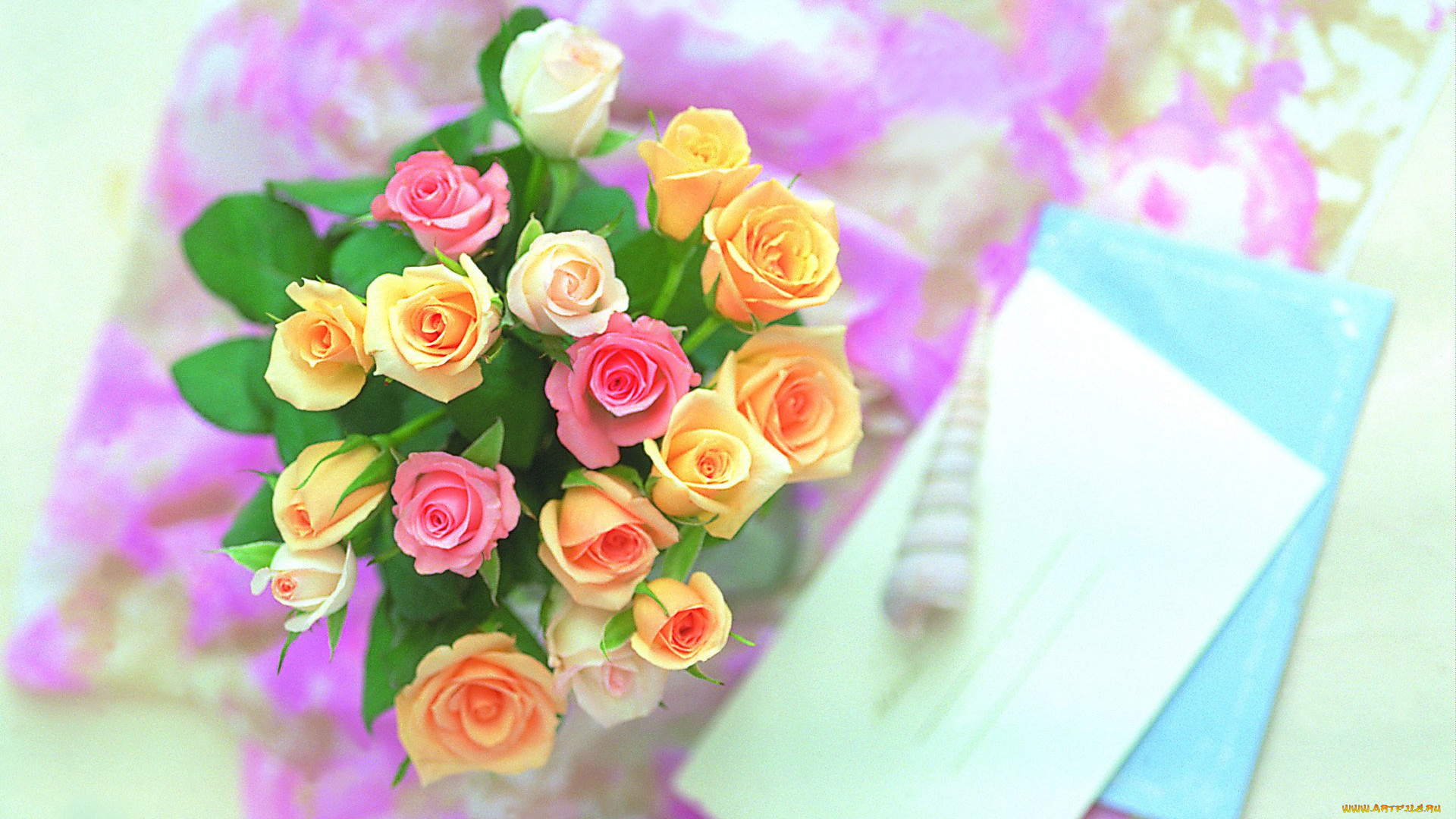 цветы, розы, букет, конверт