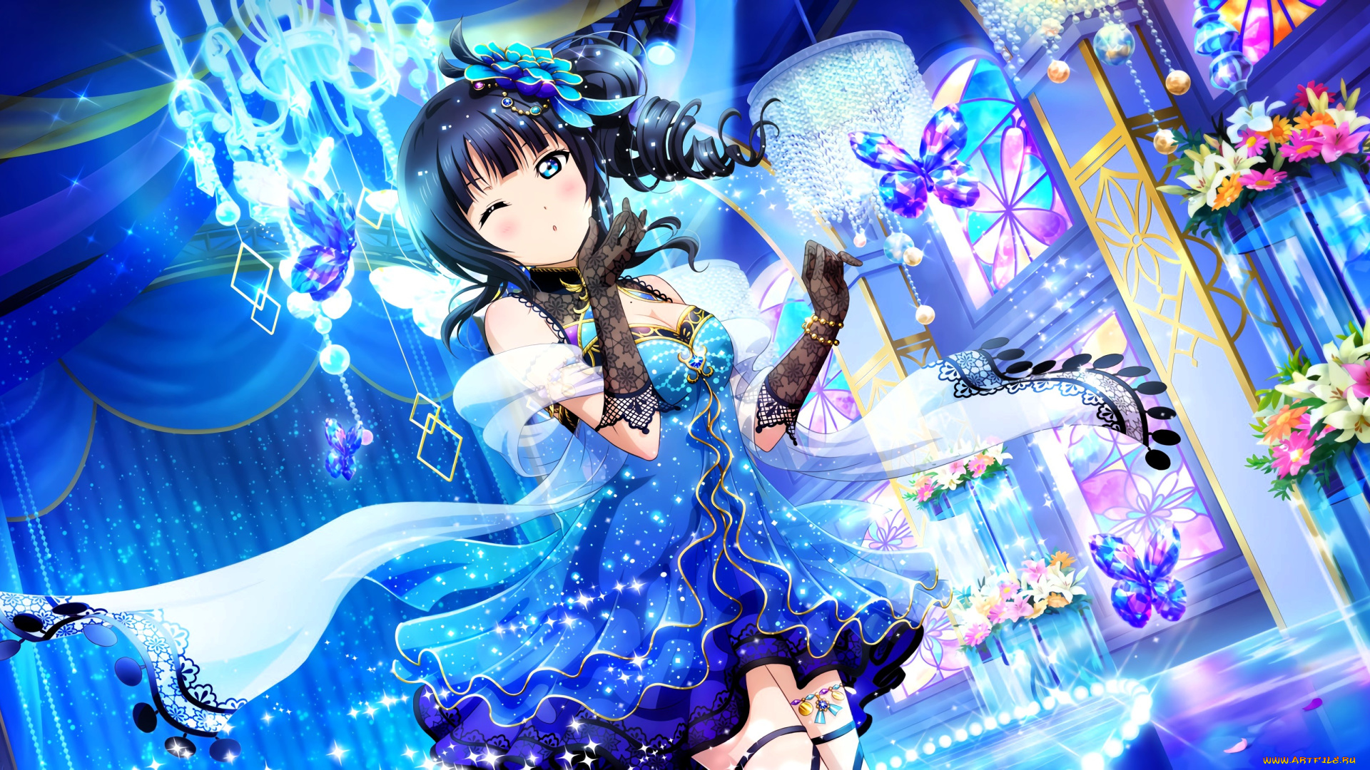 аниме, love, live, , school, idol, project, девушка, бабочки, здание