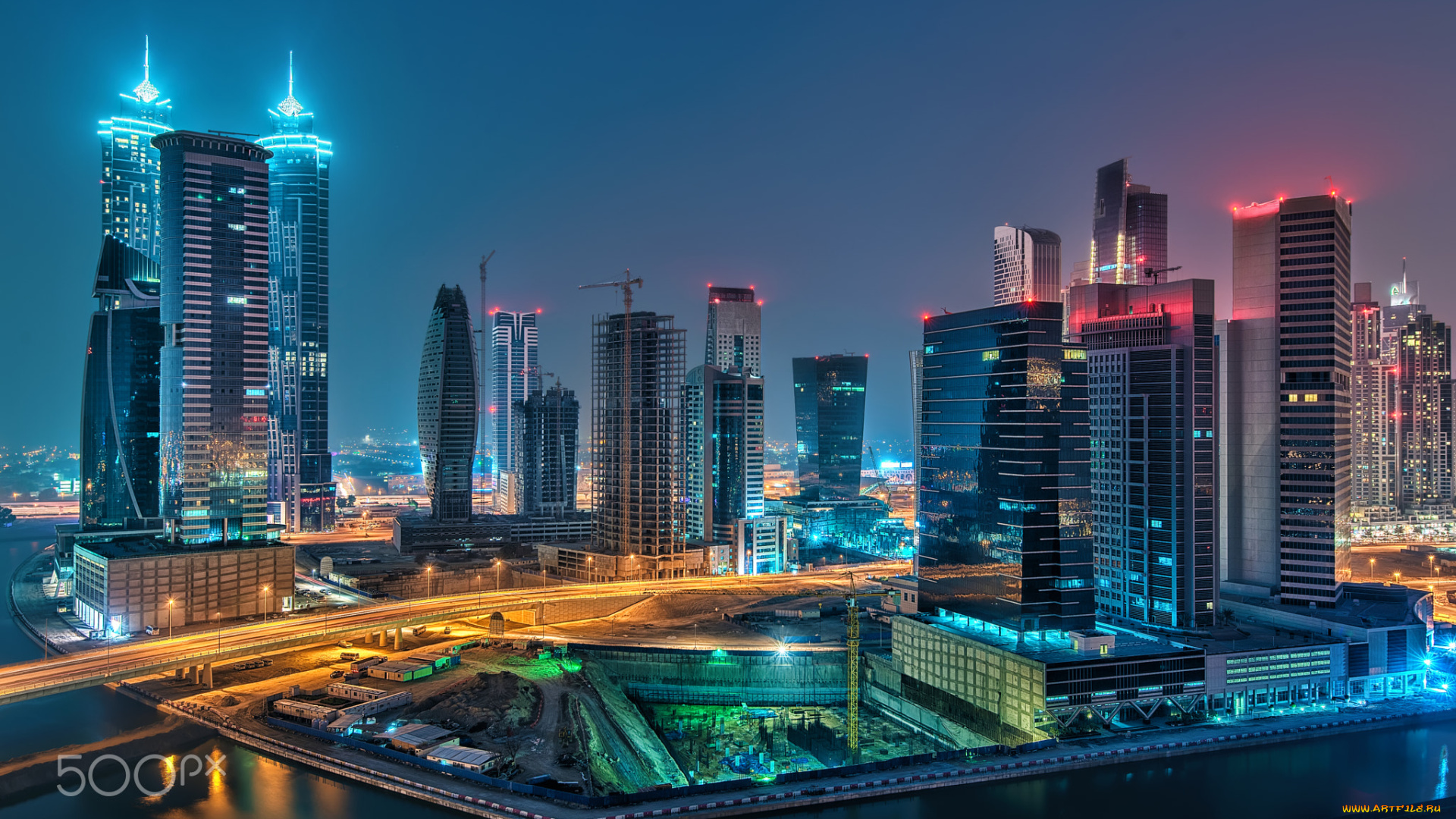 города, дубай, , оаэ, городской, вид, ночь, огни, с, водяными, знаками, дубай