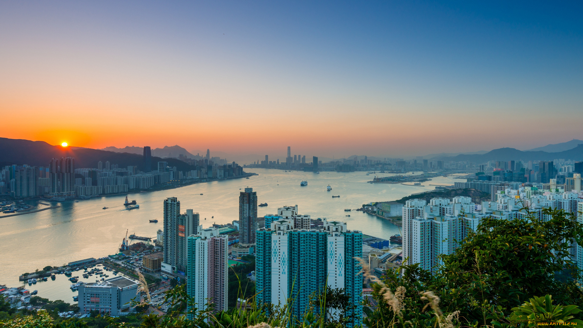 города, гонконг, , китай, гонконг, дома, вечер, рассвет, закат, залив, азия, мегаполис