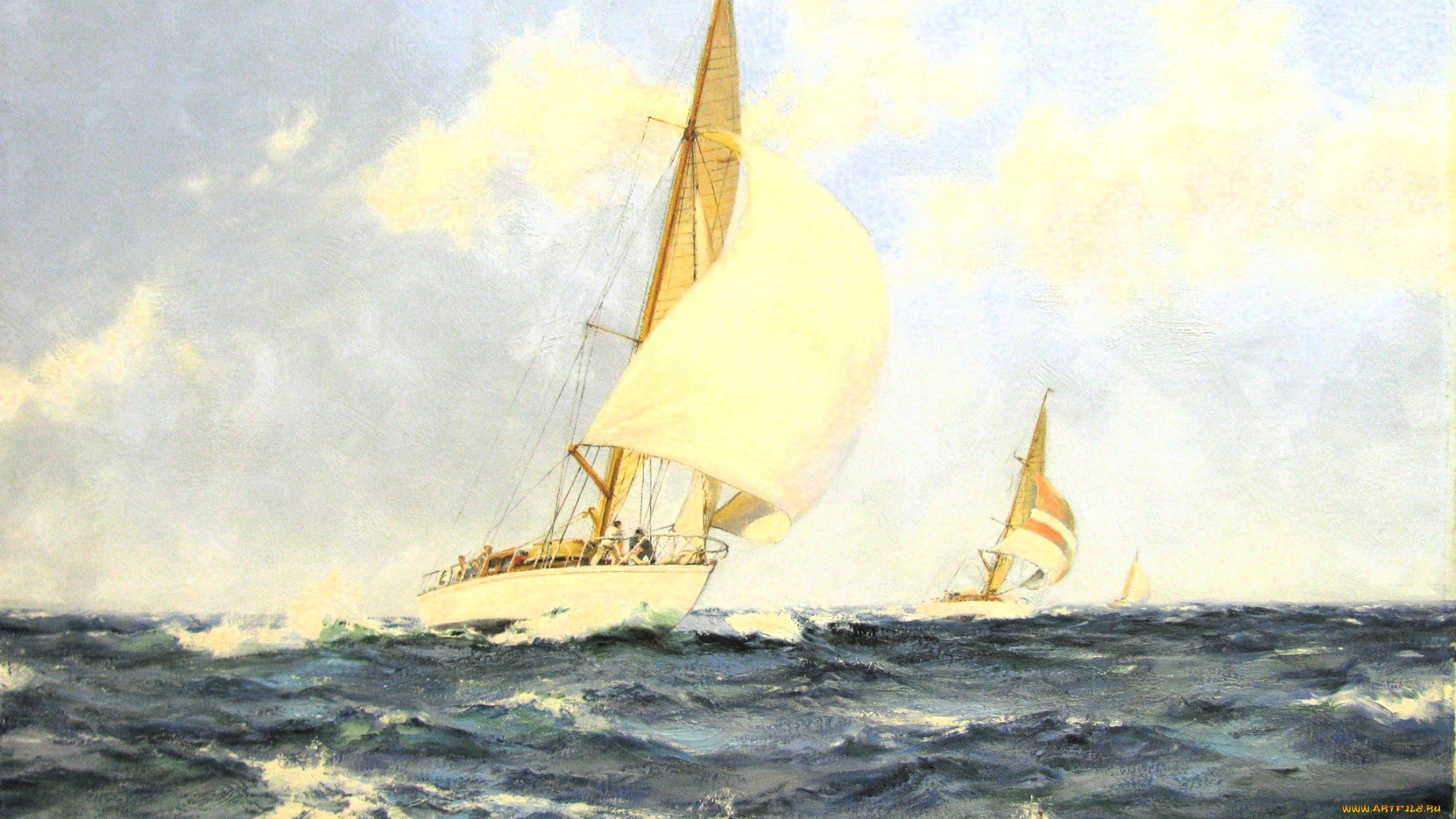 корабли, рисованные, яхты, море