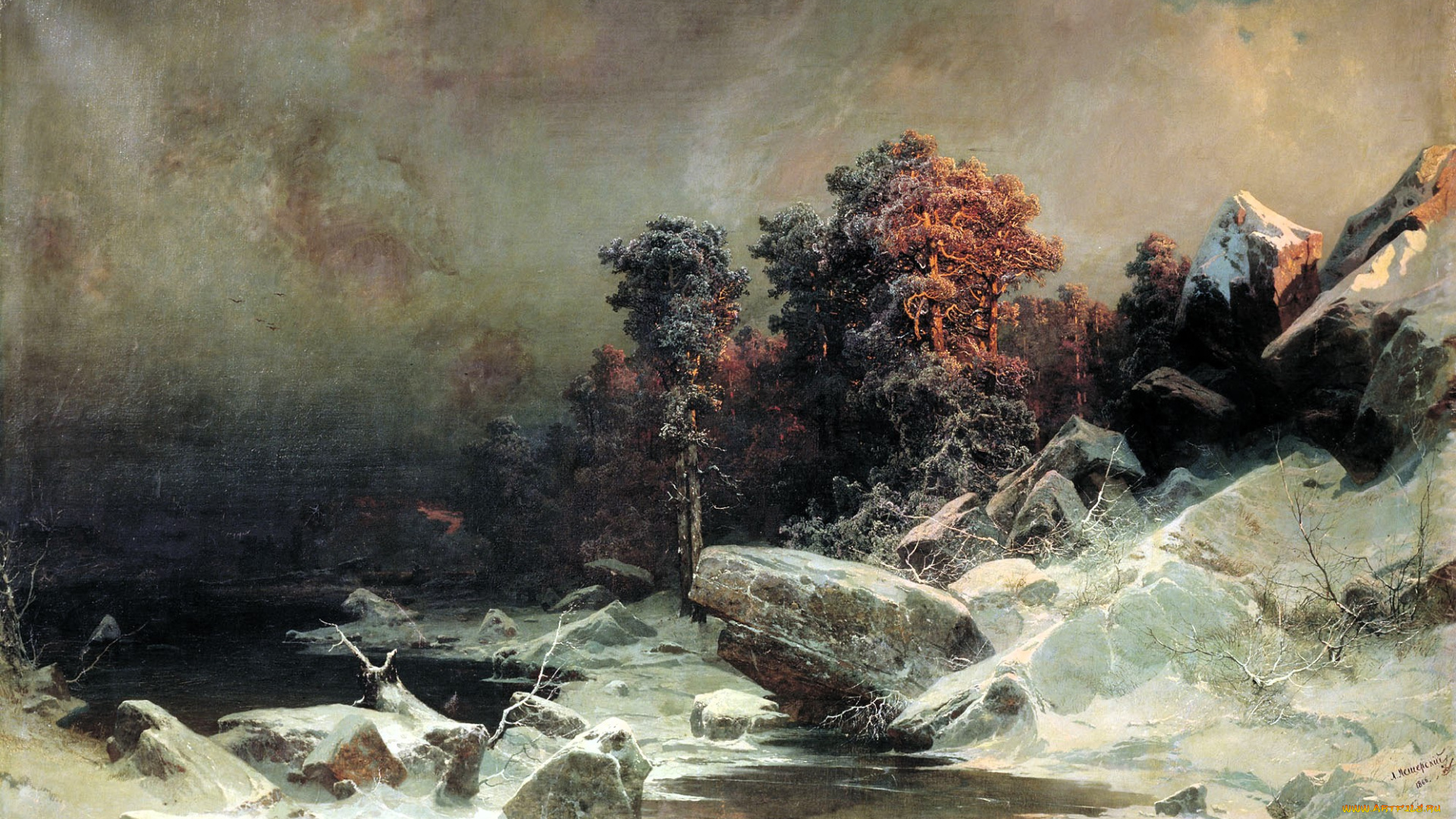 мещерский, арсений, -, зимний, вечер, рисованное, арсений, мещерский, снег, зима, река, лес, камни