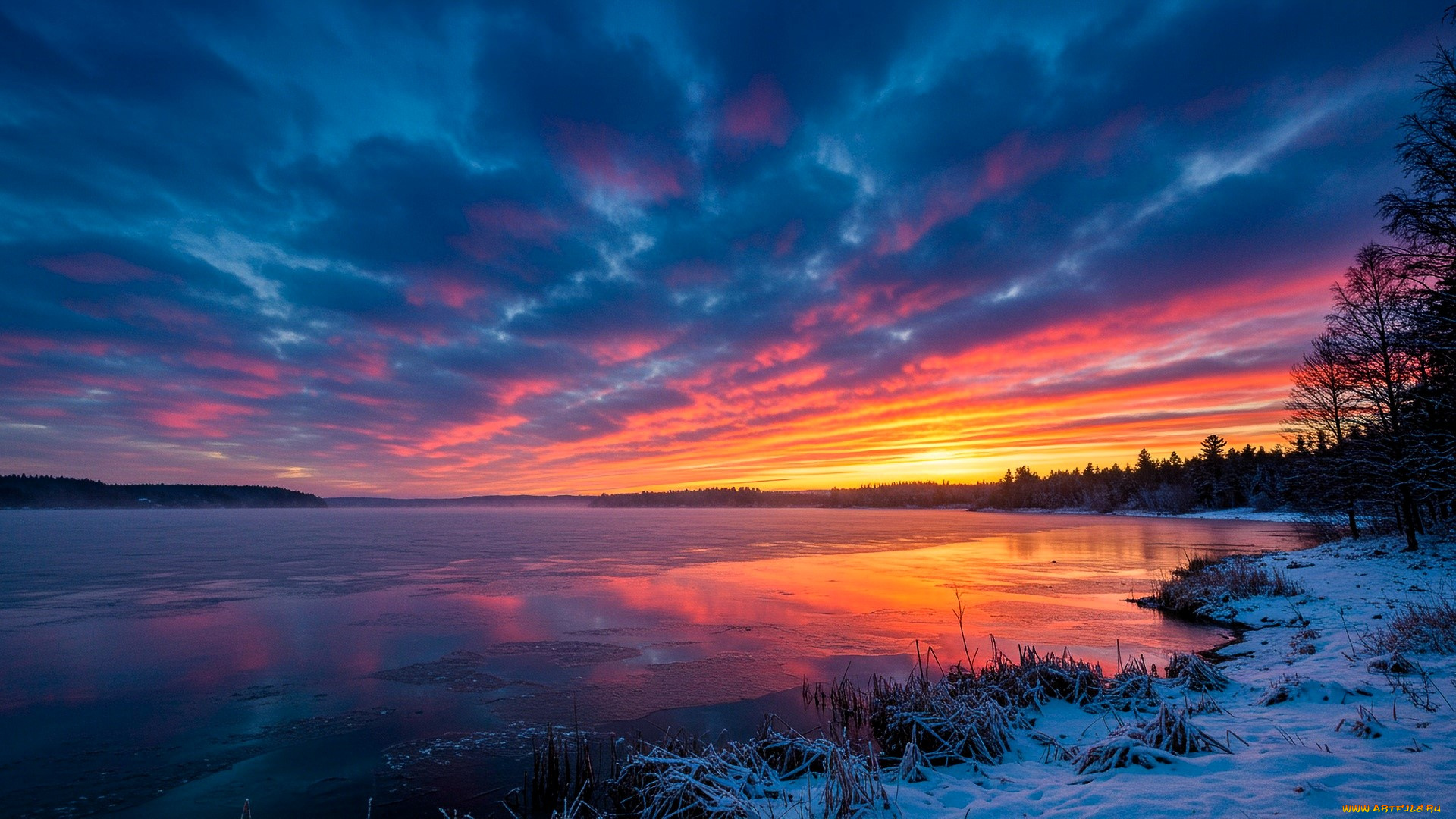 природа, реки, озера, облака, небо, река, закат, снег, зима, лес