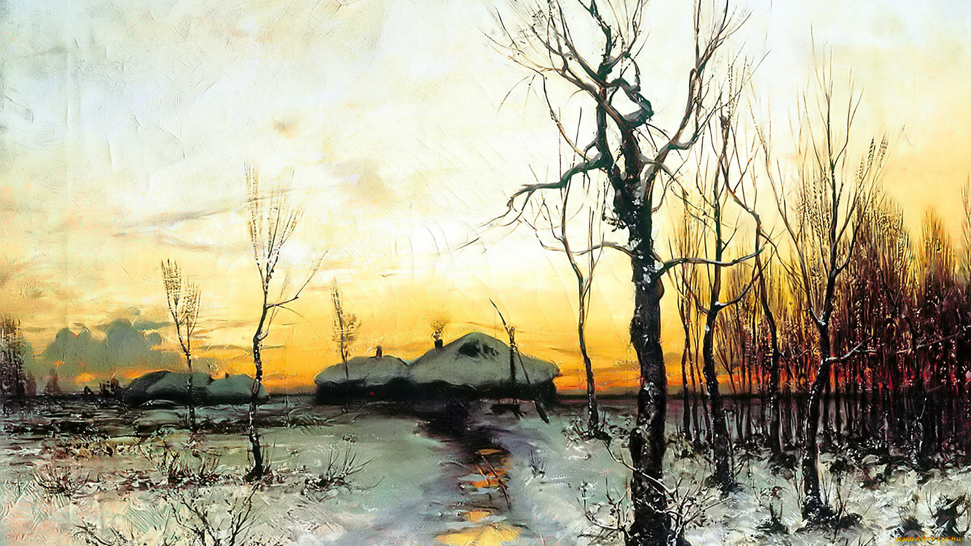 рисованное, юлий, клевер, дома, снег, деревья, лужи