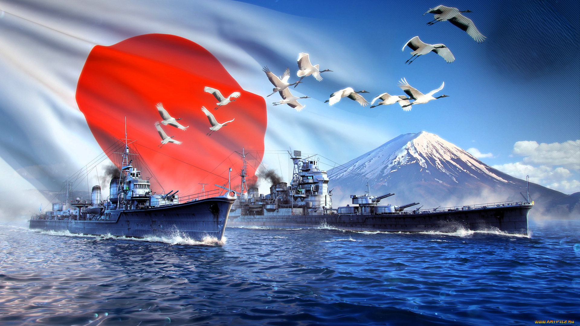 видео, игры, world, of, warships, корабли, море, журавли, гора, флаг, япония