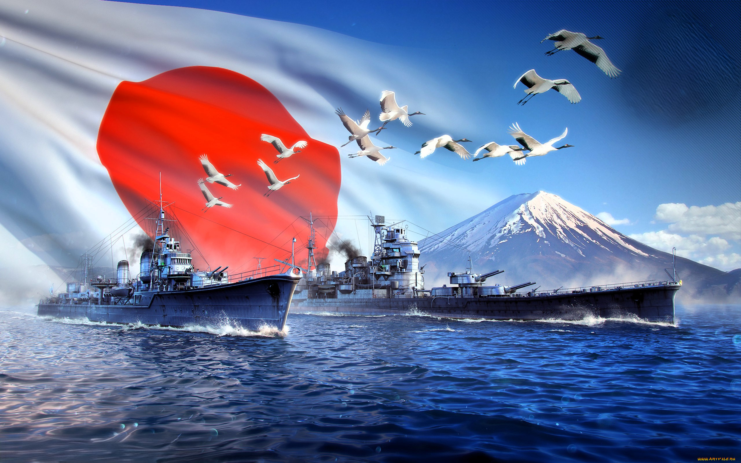 видео, игры, world, of, warships, корабли, море, журавли, гора, флаг, япония