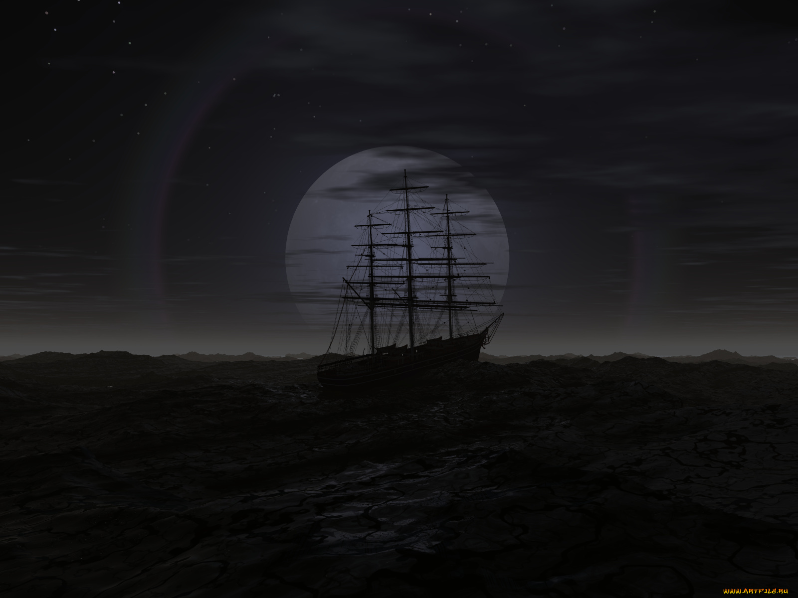3д, графика, sea, undersea, море, ночь, луна, парусник