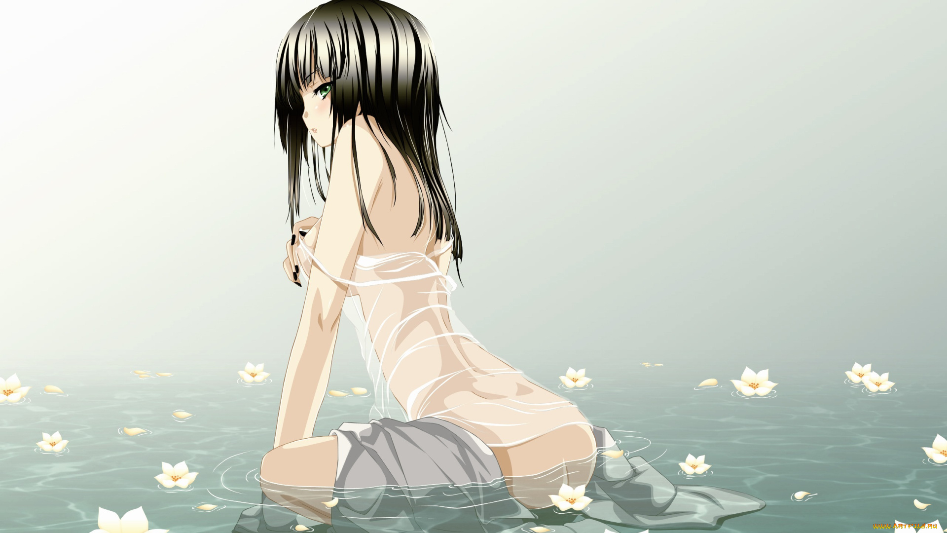 аниме, *unknown, другое, вода, смотрит, девушка, лилии, cilou, refeia