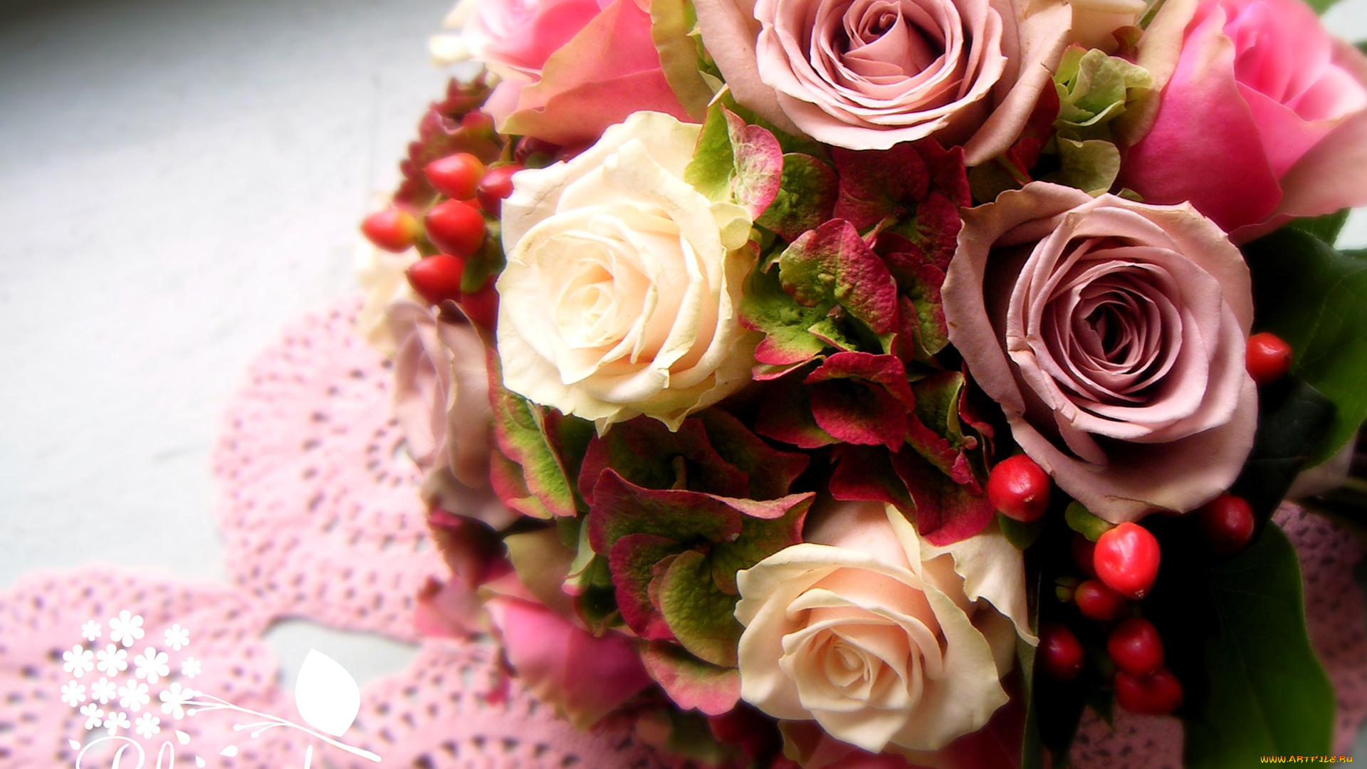 цветы, букеты, композиции, розы, гортензия, салфетка